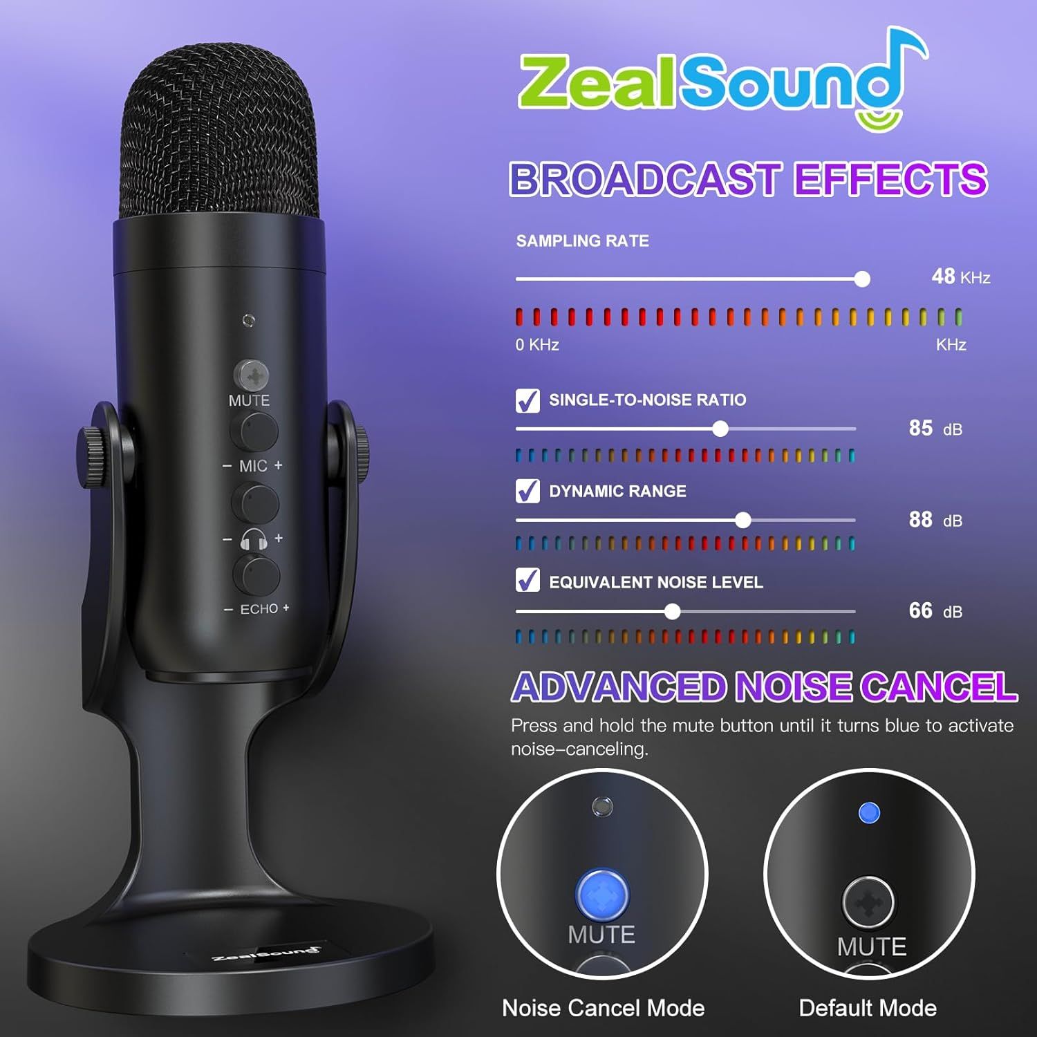Communicates the microphone's professional-grade technical specifications and advanced noise cancellation feature to demonstrate its broadcast-quality performance and versatility.