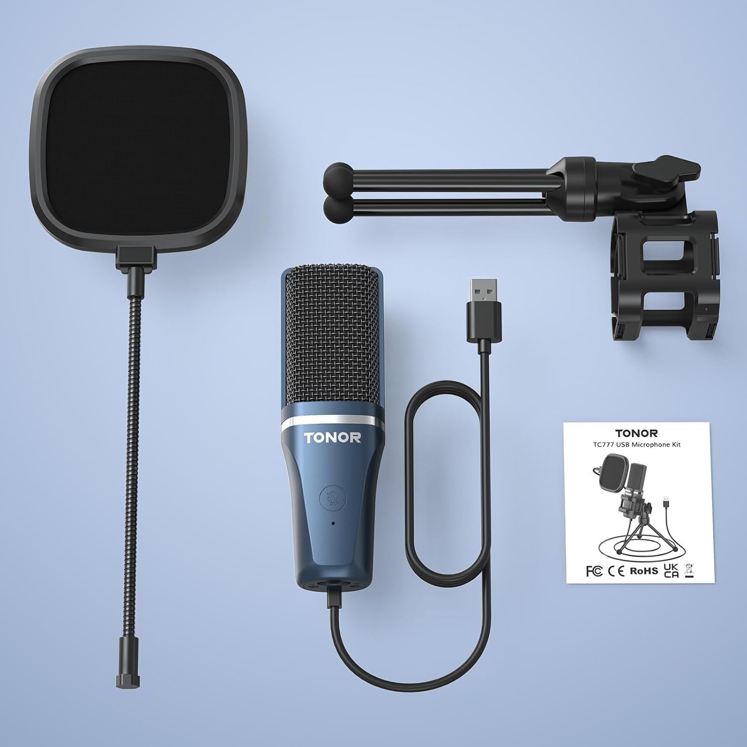 Shows all the components included in the microphone kit to help shoppers understand the complete package they will receive and the value of the bundle.
