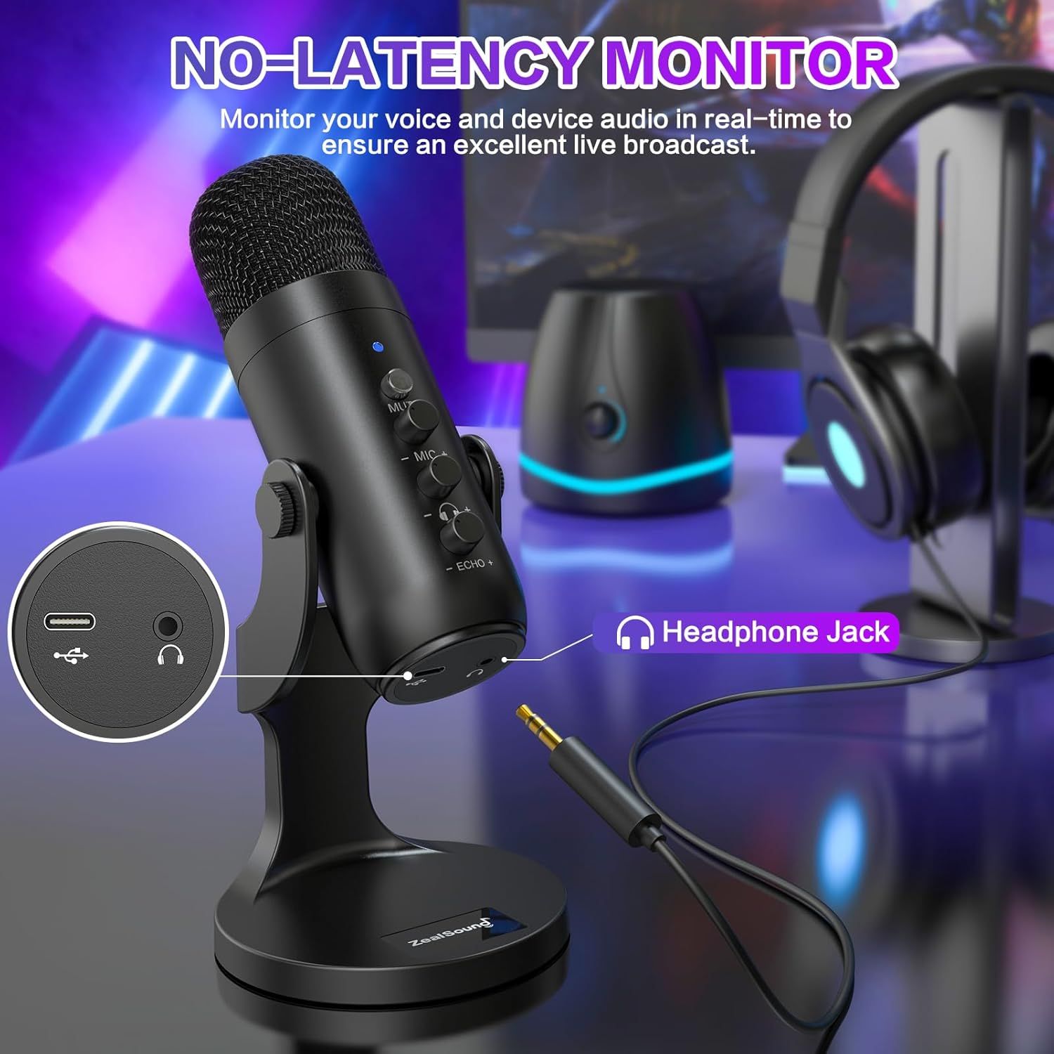 Highlights the microphone's no-latency monitoring feature with headphone jack, reassuring streamers and broadcasters that they can monitor their voice and device audio in real-time for excellent…