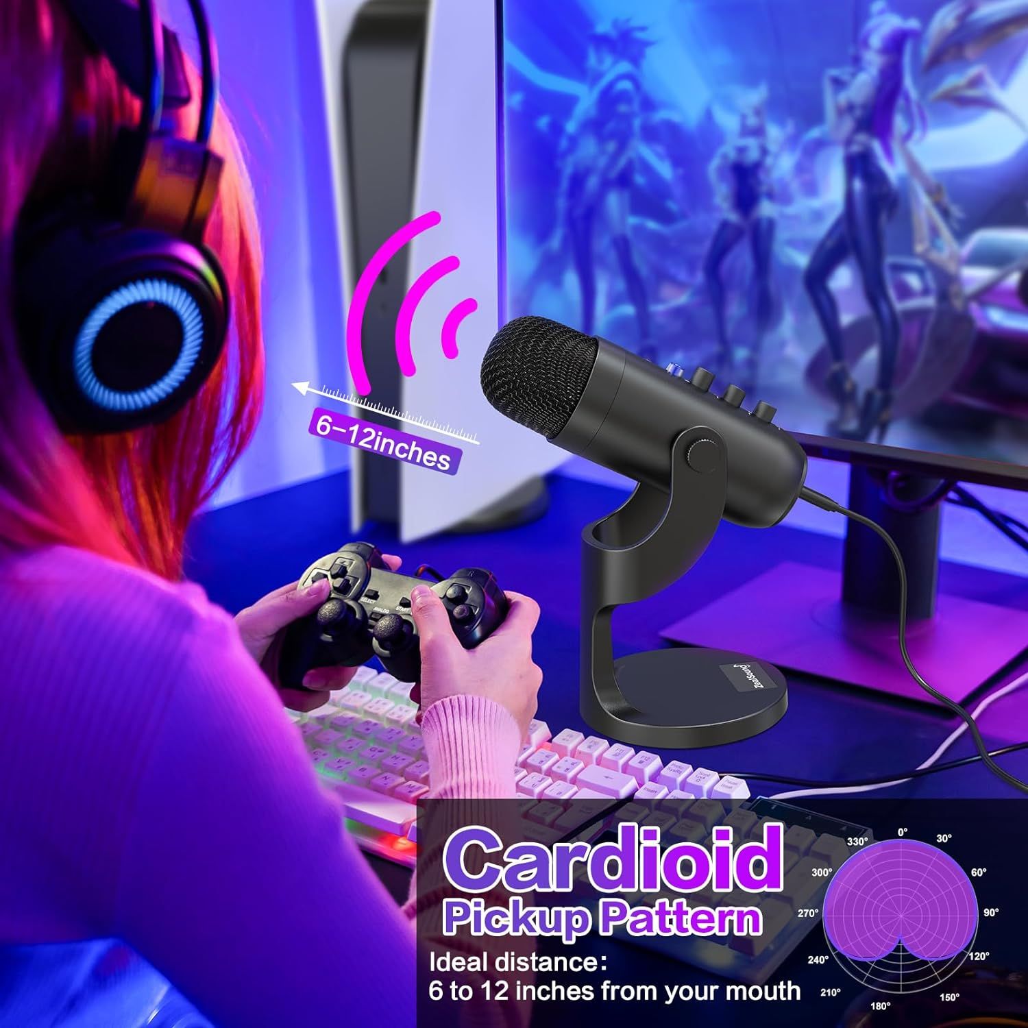 Communicates the microphone's cardioid pickup pattern and ideal usage distance (6-12 inches) to help gamers and streamers understand proper positioning for optimal audio capture.