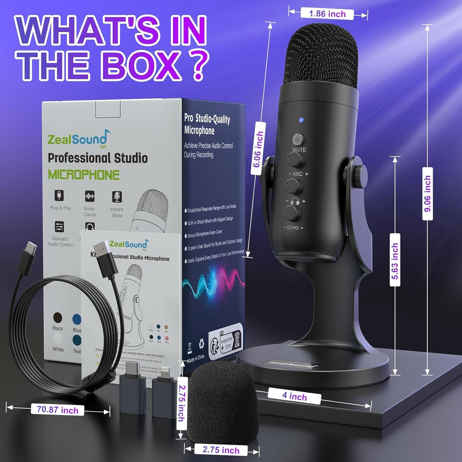 Shows everything included in the package to help shoppers understand the complete value and contents they will receive with their purchase. Provides exact measurements of the microphone and…