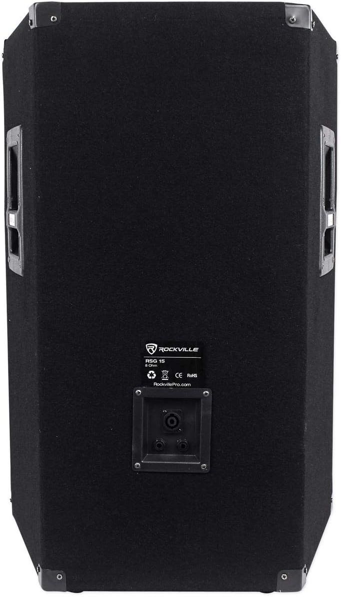 Shows the back of the speaker with handles, connection ports, and branding to give shoppers a complete view of the product's physical design and connectivity options.
