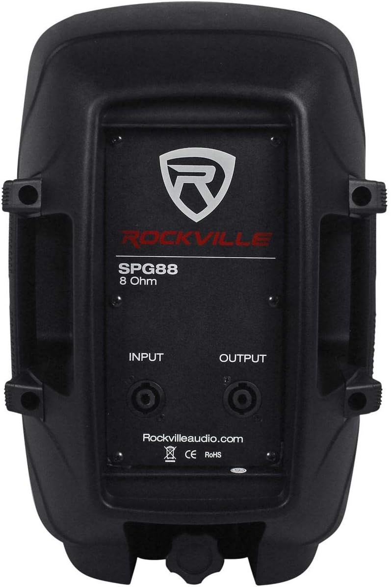 Shows the back panel of the speaker with technical specifications, input/output ports, and brand information for shoppers who want to see the product's connectivity and technical details.