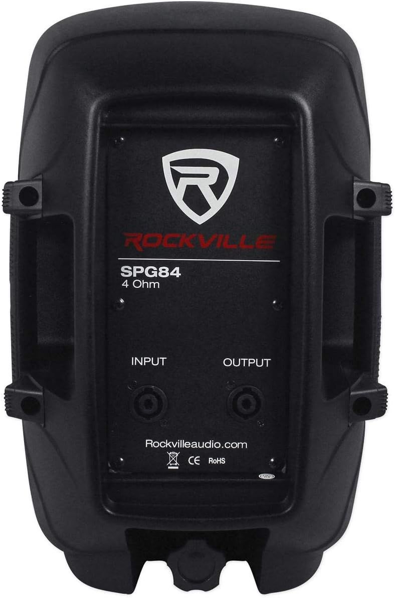 Shows the back panel of the speaker with technical specifications, input/output ports, and brand information for shoppers who want to see the product's connectivity and technical details.