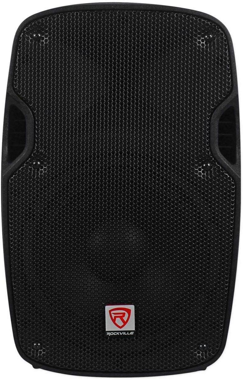 Provides a clean, catalog-style view of the Rockville speaker showing its textured mesh grille, side handles, and brand logo without distractions.