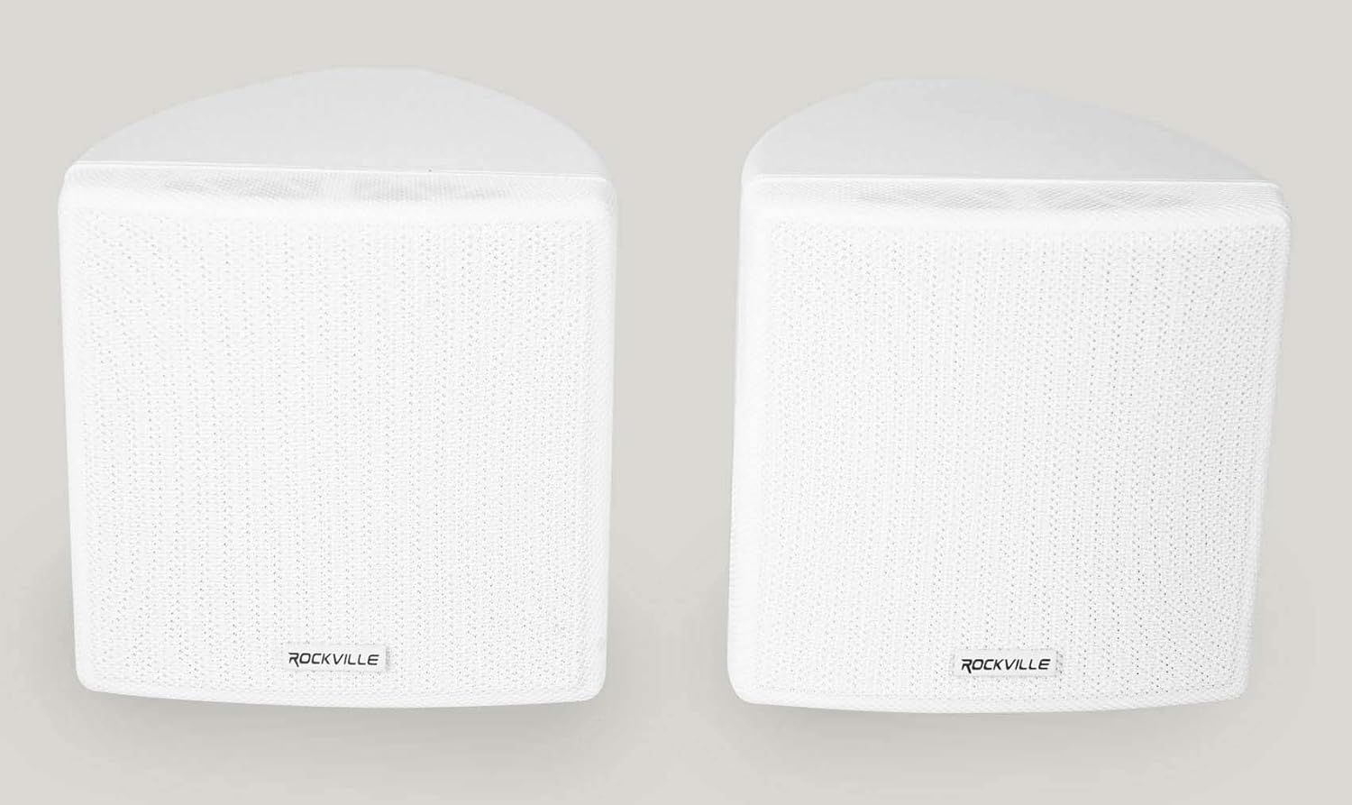 Shows two white Rockville speakers in a clean, catalog-style presentation to give shoppers a clear view of the product's appearance and design without distractions.