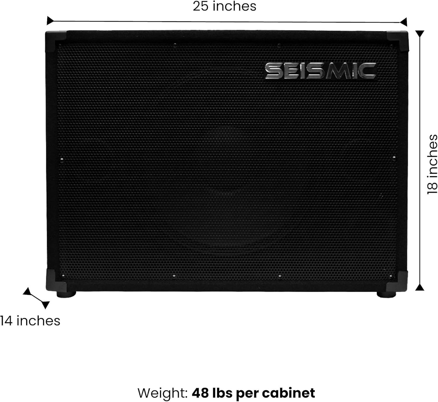 Communicates the exact physical size (25 x 18 x 14 inches) and weight (48 lbs) of the speaker cabinet to help shoppers understand if it will fit their space and assess portability.