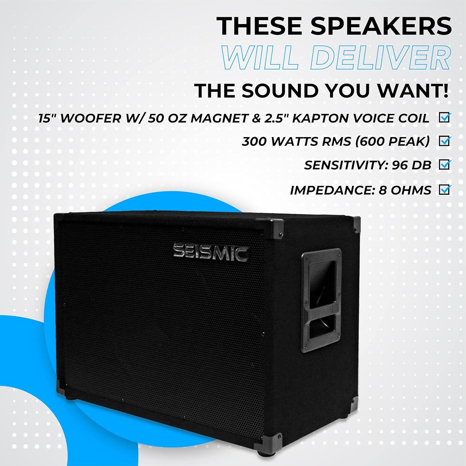 Communicates multiple technical specifications and performance features to reassure shoppers that these speakers deliver professional-grade sound quality and power.