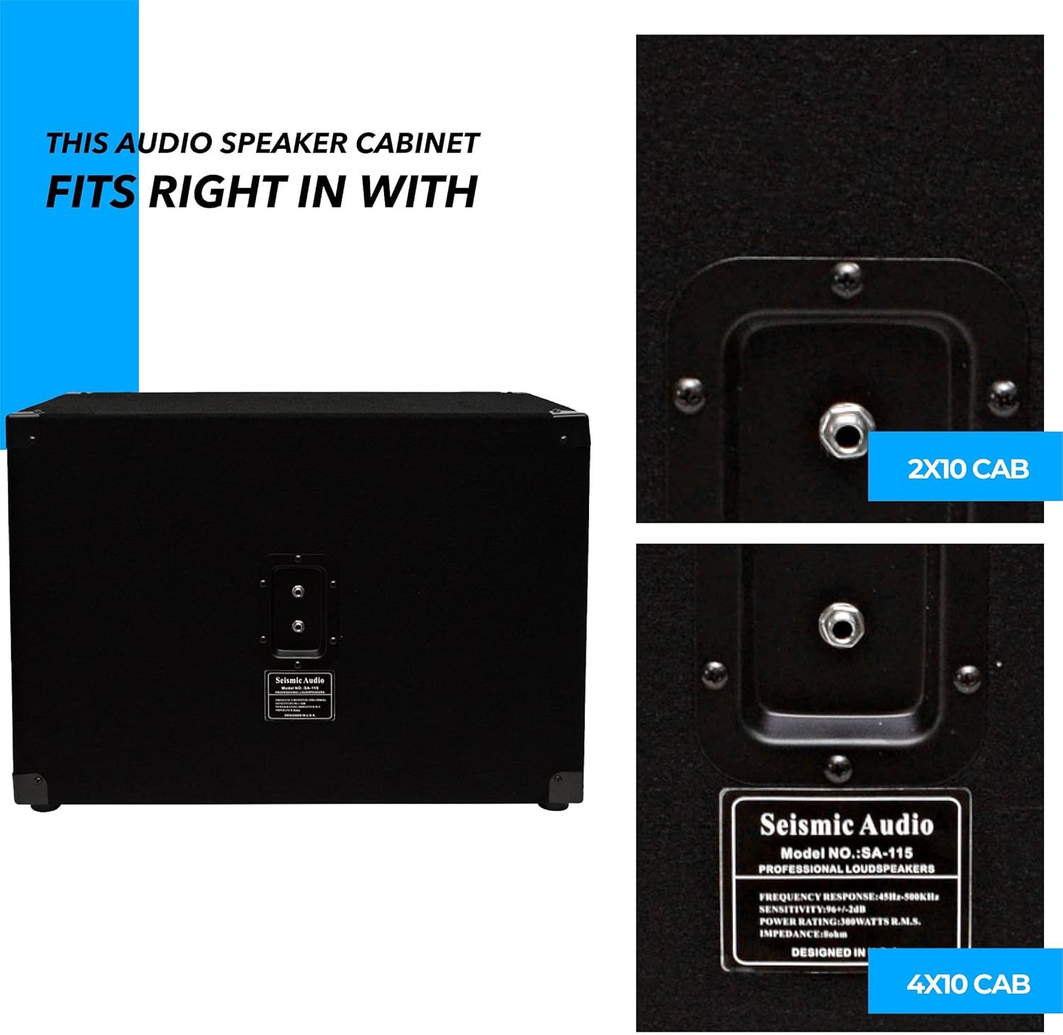 Demonstrates that the audio speaker cabinet is compatible with multiple cabinet types (2X10 and 4X10), showing shoppers the versatile connectivity options available.