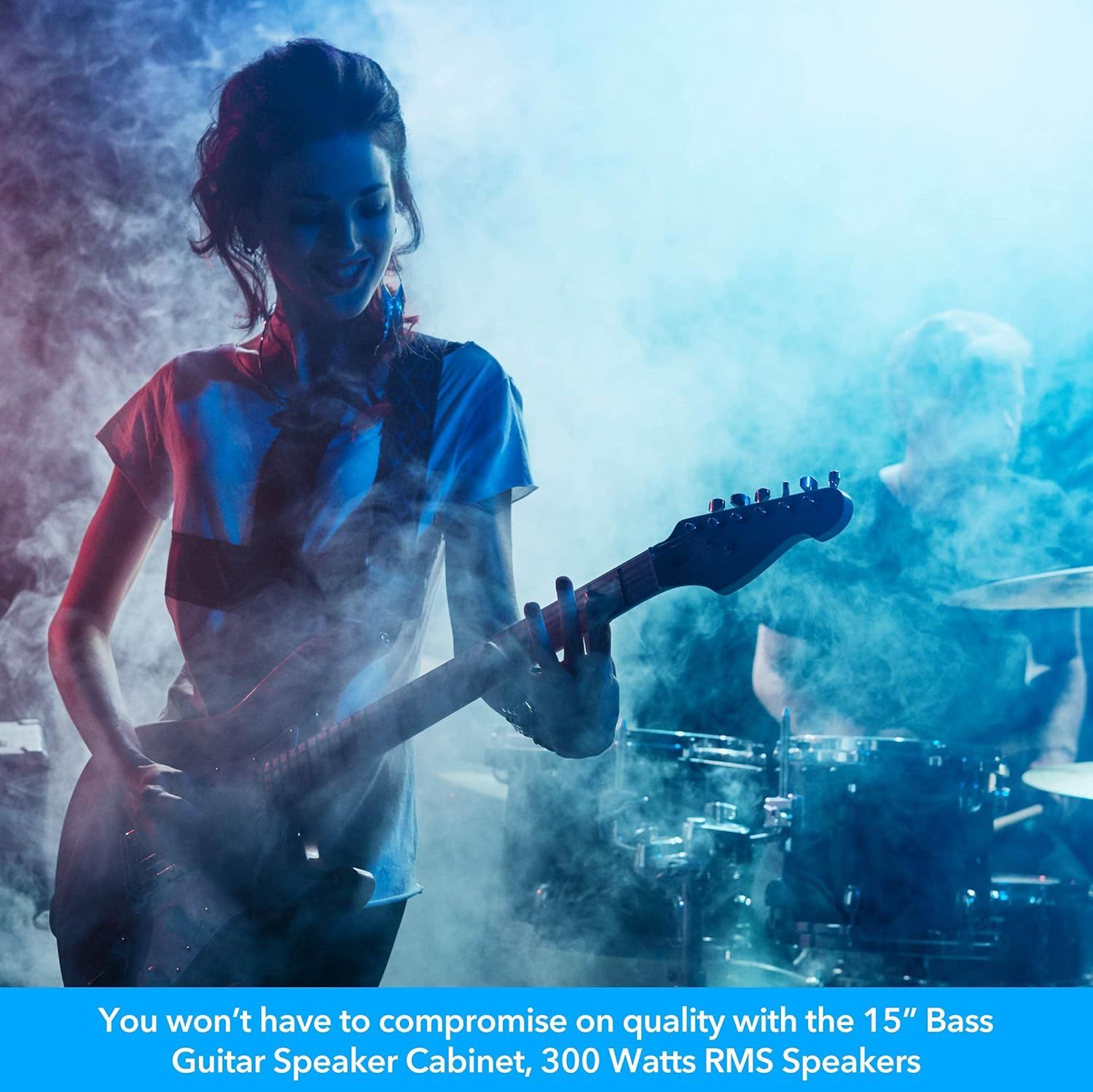 Communicates that the 15-inch bass guitar speaker cabinet delivers powerful, uncompromising sound quality for musicians, reassuring them they can achieve professional audio performance.