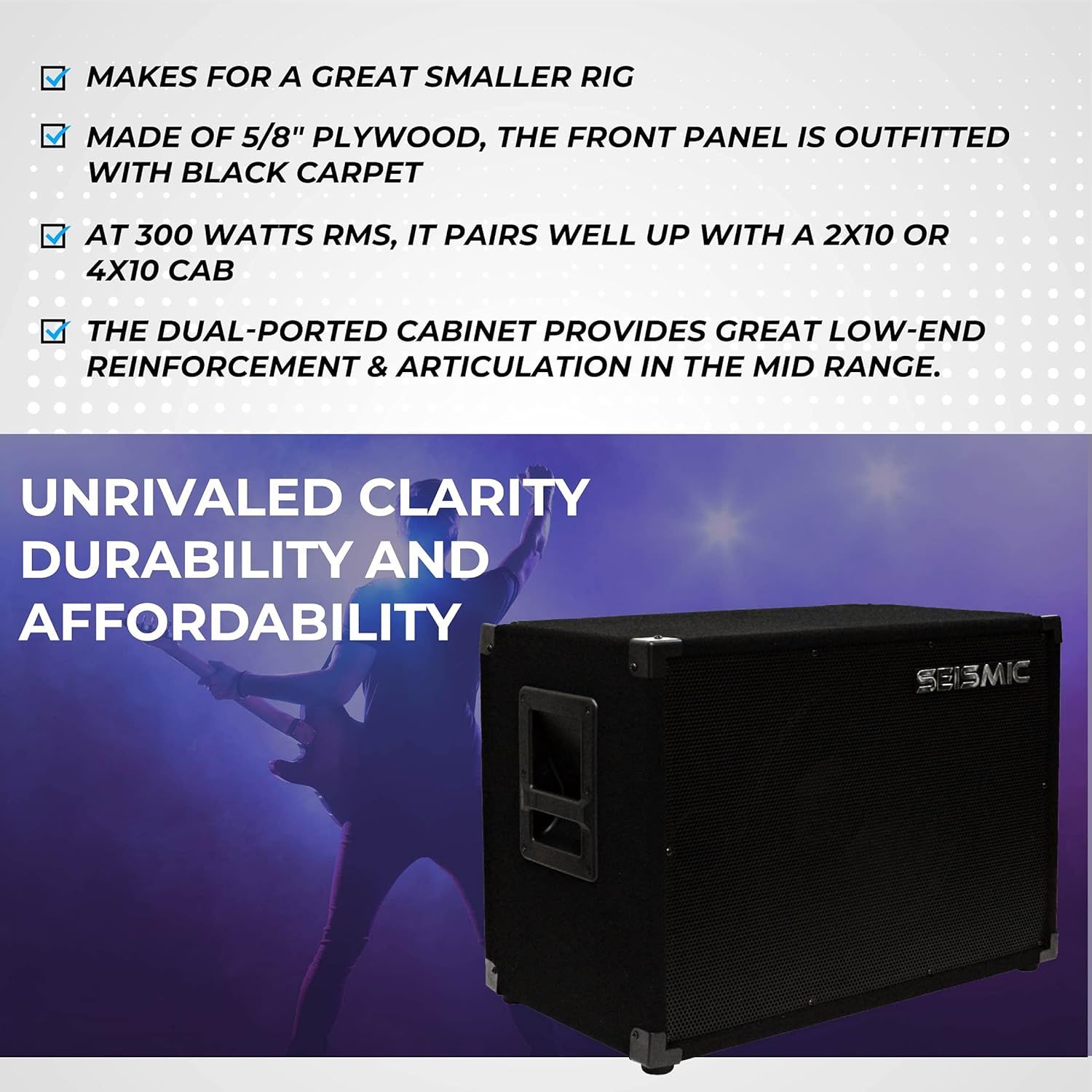 Communicates multiple technical specifications and benefits of the speaker cabinet through a checklist format, emphasizing its versatility, construction quality, power handling, and audio…