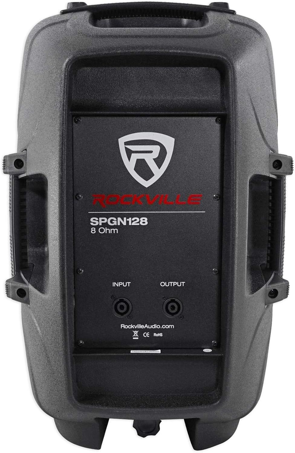 Provides a clean, catalog-style view of the Rockville speaker showing the back panel with model number, input/output ports, and brand logo for product identification.
