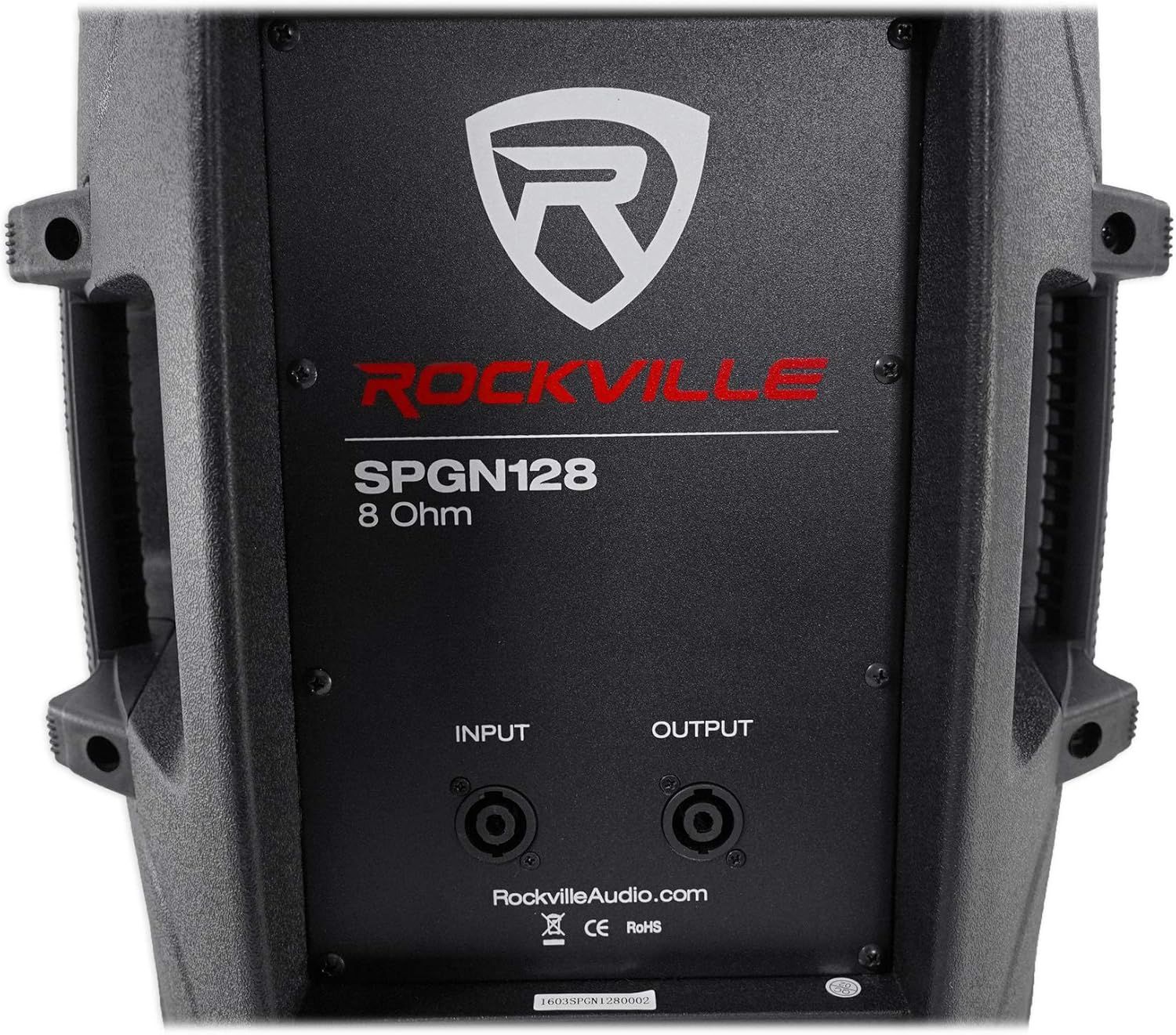 Provides a clean, catalog-style view of the Rockville SPGN128 speaker showing the product's physical appearance, branding, model number, and input/output connections without any distracting elements.