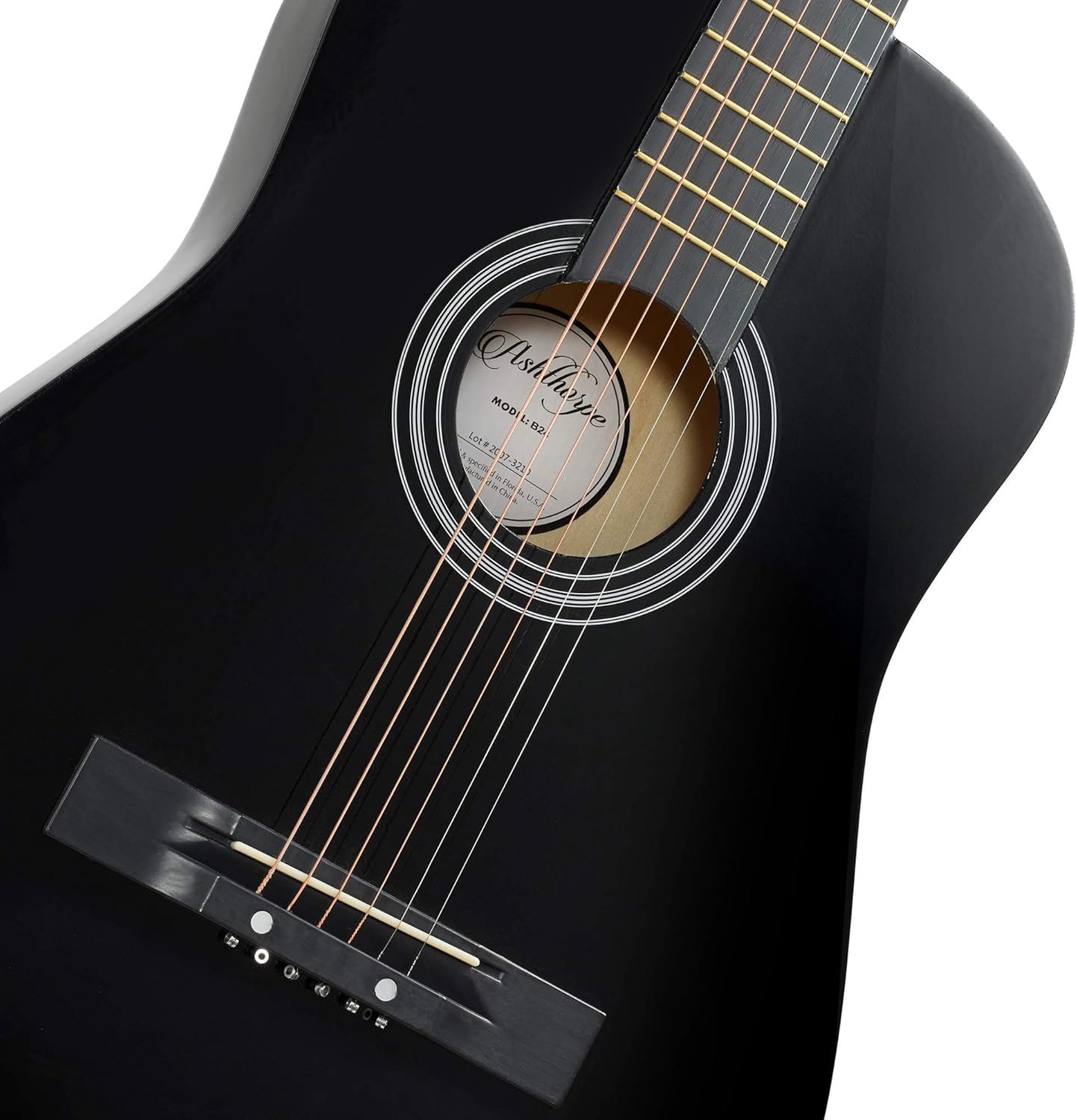Provides a clear, professional catalog-style view of the black acoustic guitar on a white background, allowing shoppers to see the product's appearance and design details without distractions.