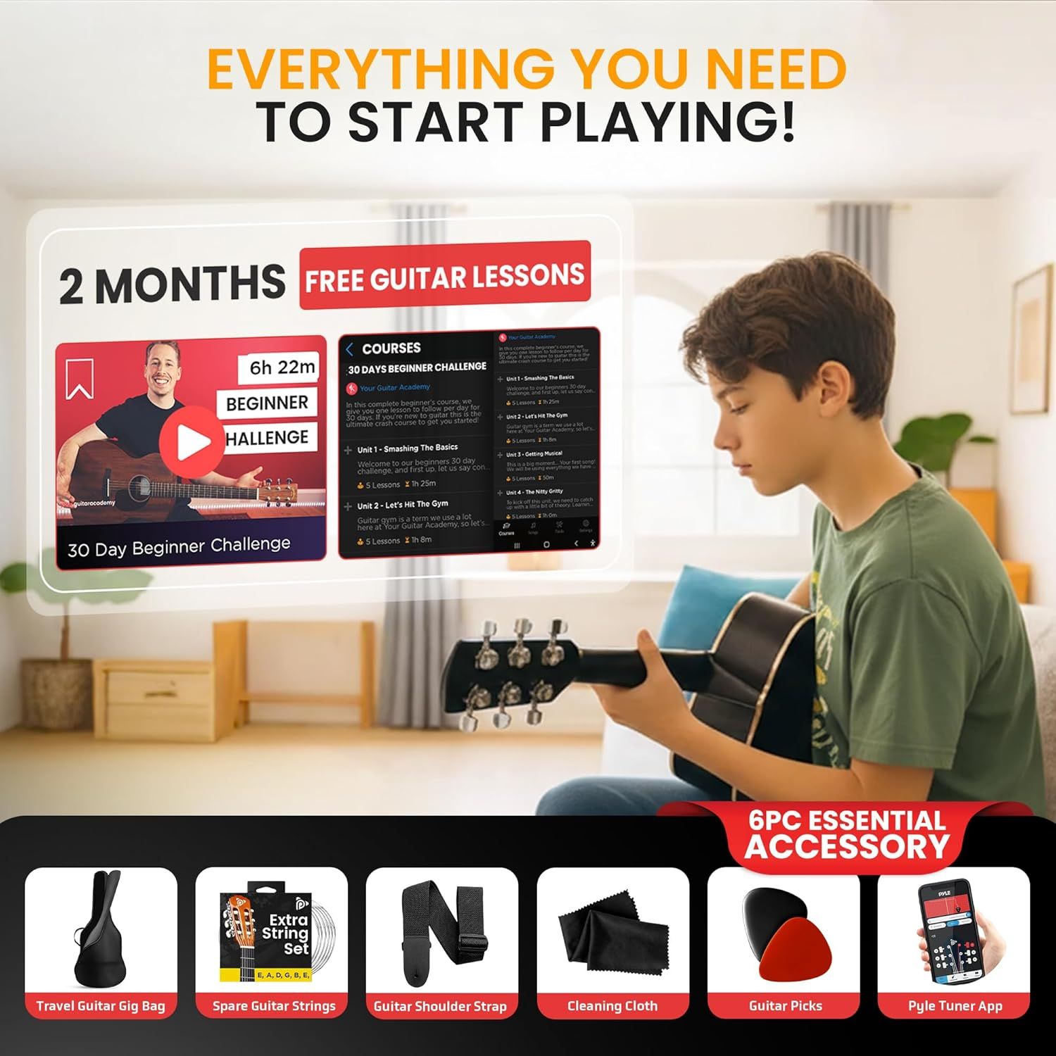 Communicates the complete bundle value by showing that the purchase includes 2 months of free guitar lessons and 6 essential accessories (gig bag, strings, strap, cloth, picks, tuner app) to help…