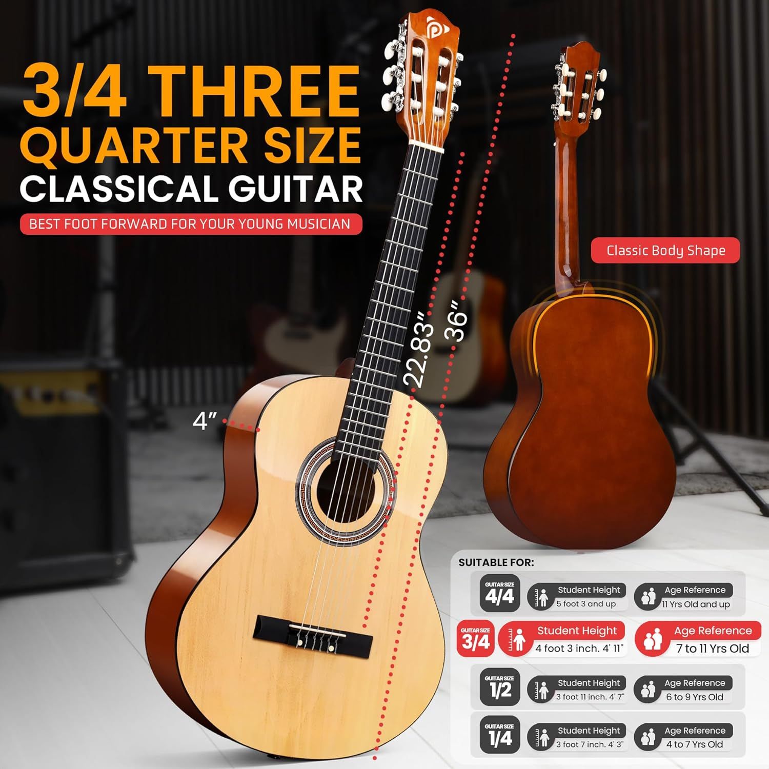 Explains the physical dimensions of the 3/4 size guitar (22.83 inches and 4 inches depth) and provides a sizing chart to help parents choose the right guitar size based on their child's age and…