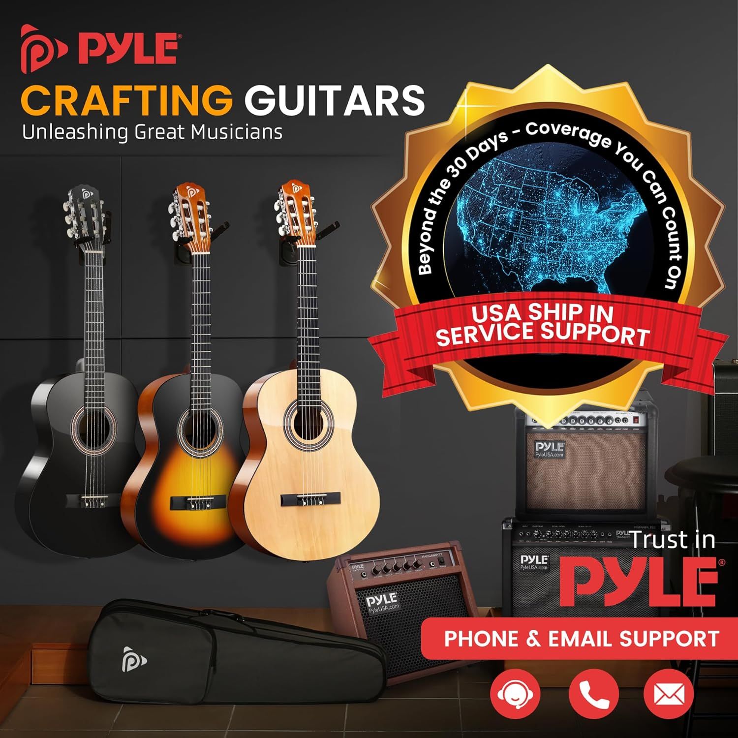 This image showcases the Pyle brand's guitar product line and emphasizes brand trust through service promises including USA shipping, nationwide coverage, and multi-channel customer support to build…