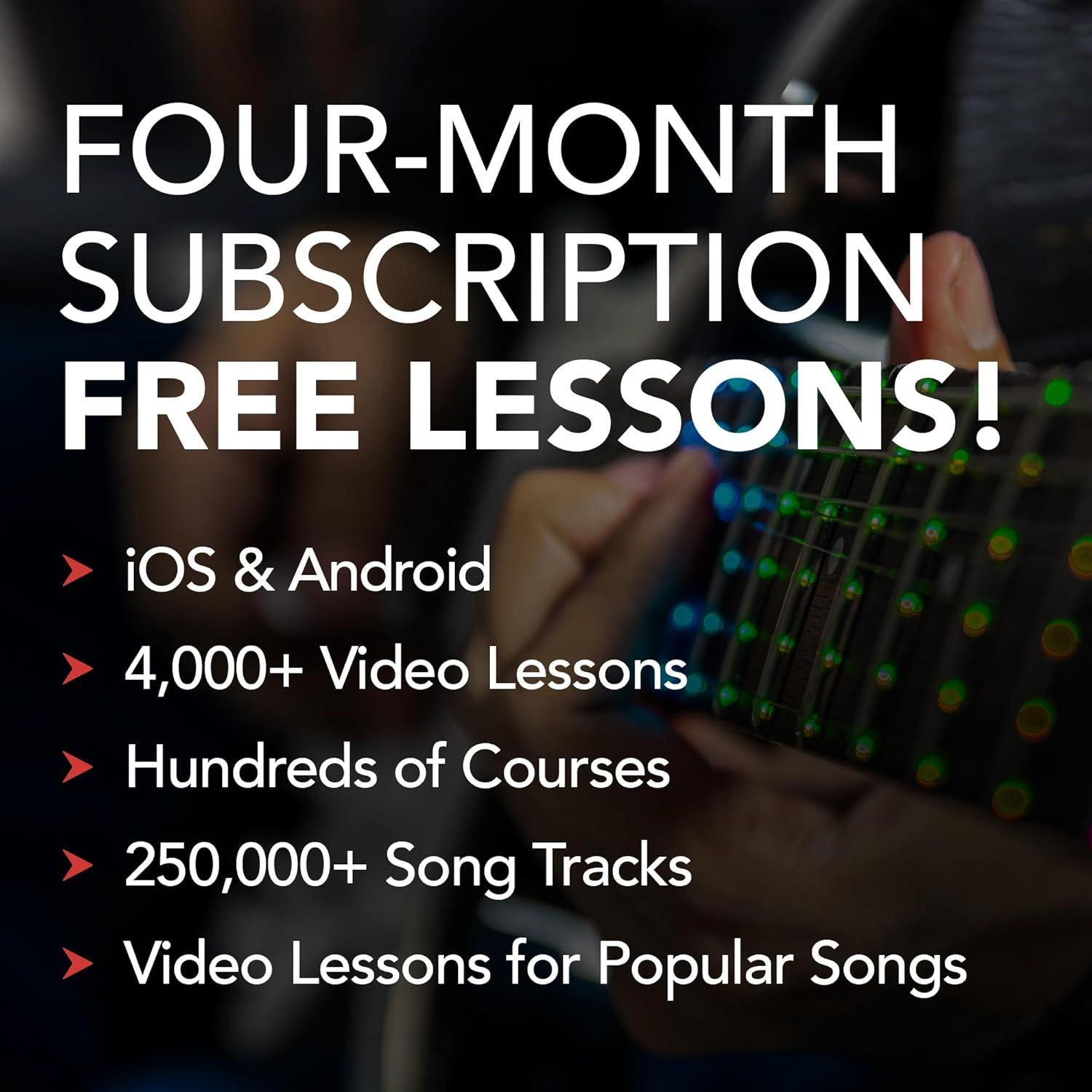 Communicates the value proposition of a four-month free subscription by listing multiple benefits including platform compatibility, extensive video lessons, course variety, and a large song library…