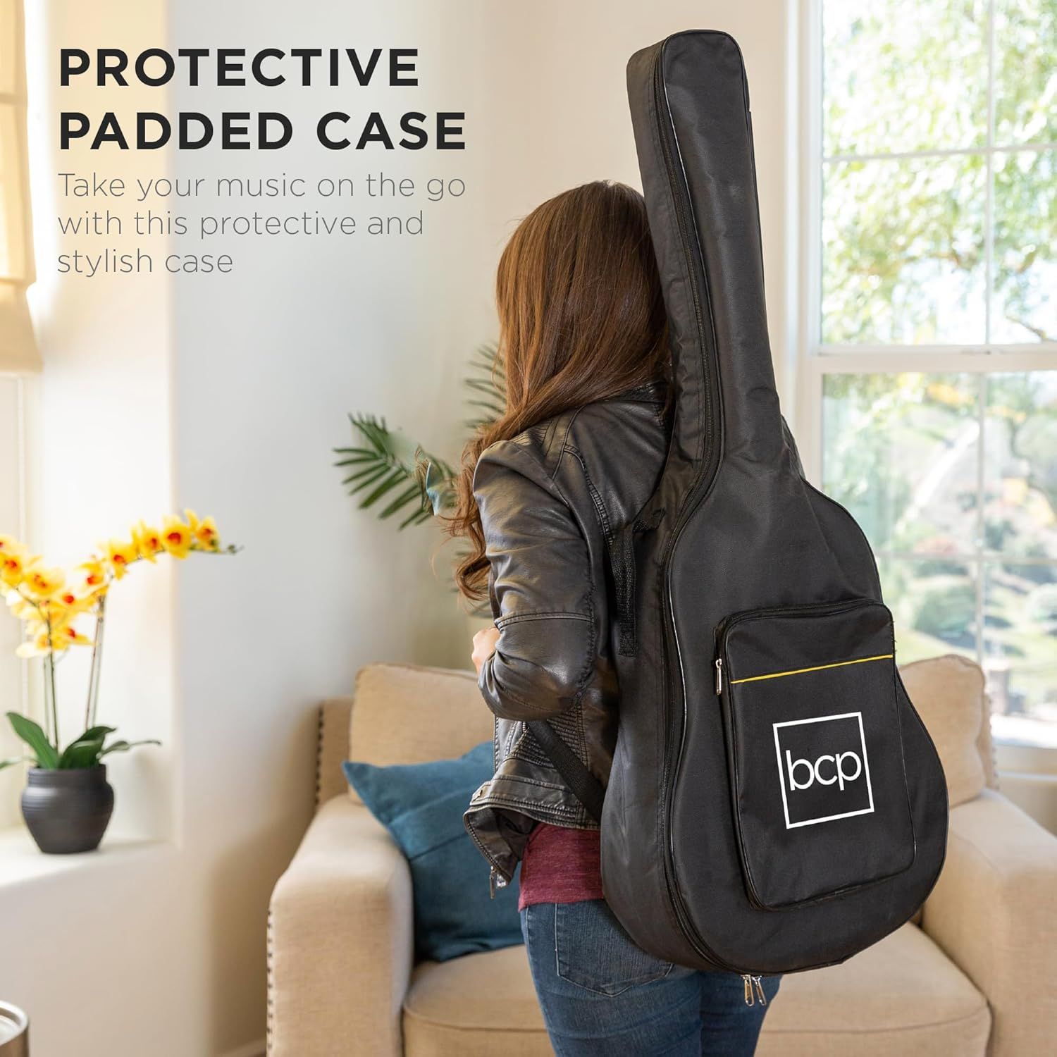 Communicates that the guitar case is protective and padded while being portable and stylish, reassuring shoppers they can safely transport their instrument on the go.