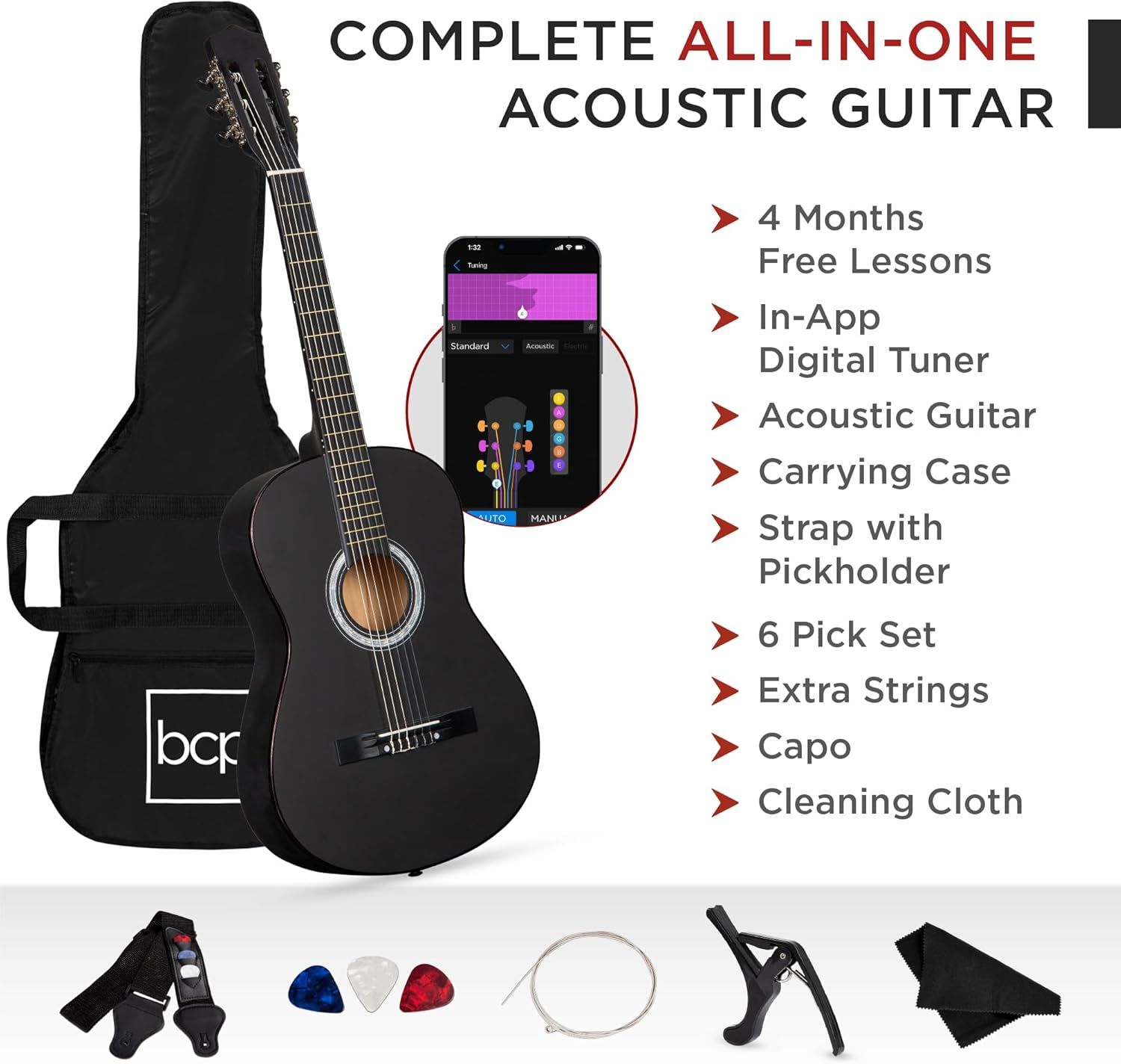 Shows everything included in the complete acoustic guitar bundle to demonstrate value and reassure shoppers they have everything needed to start playing immediately.