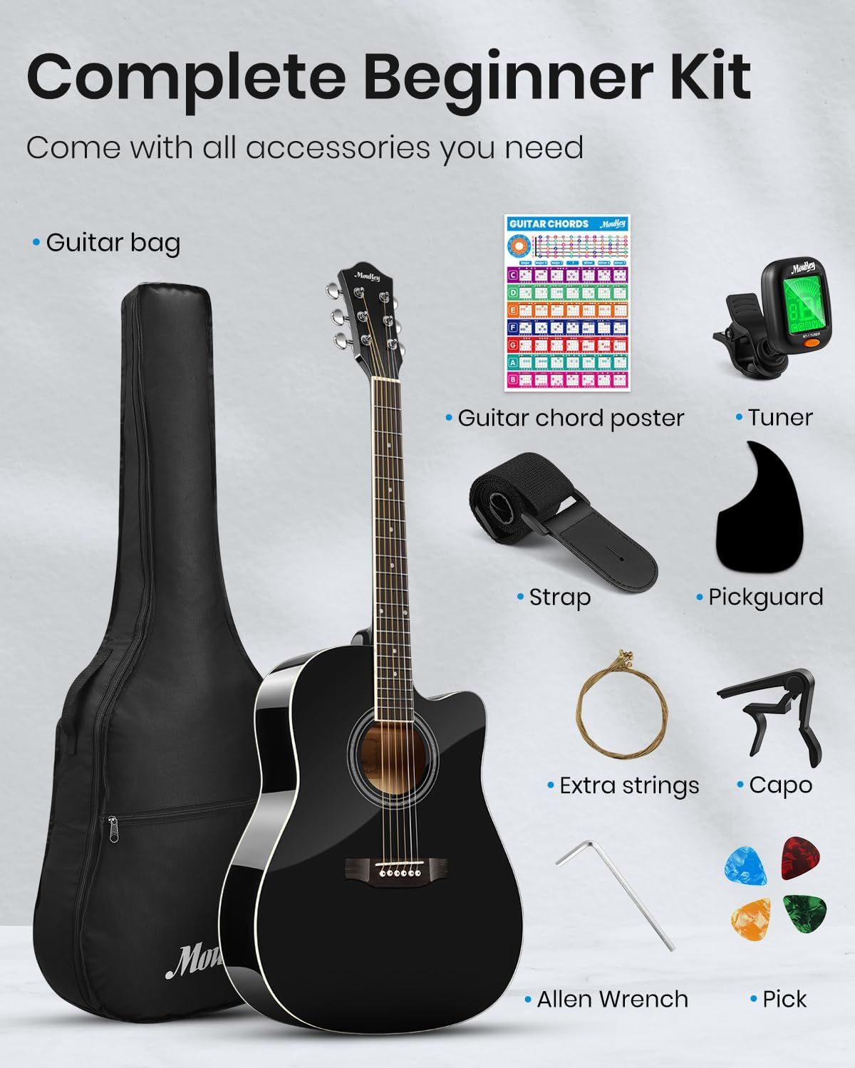 Shows everything included in the guitar beginner kit to help shoppers understand the complete value and convenience of receiving all necessary accessories in one purchase.