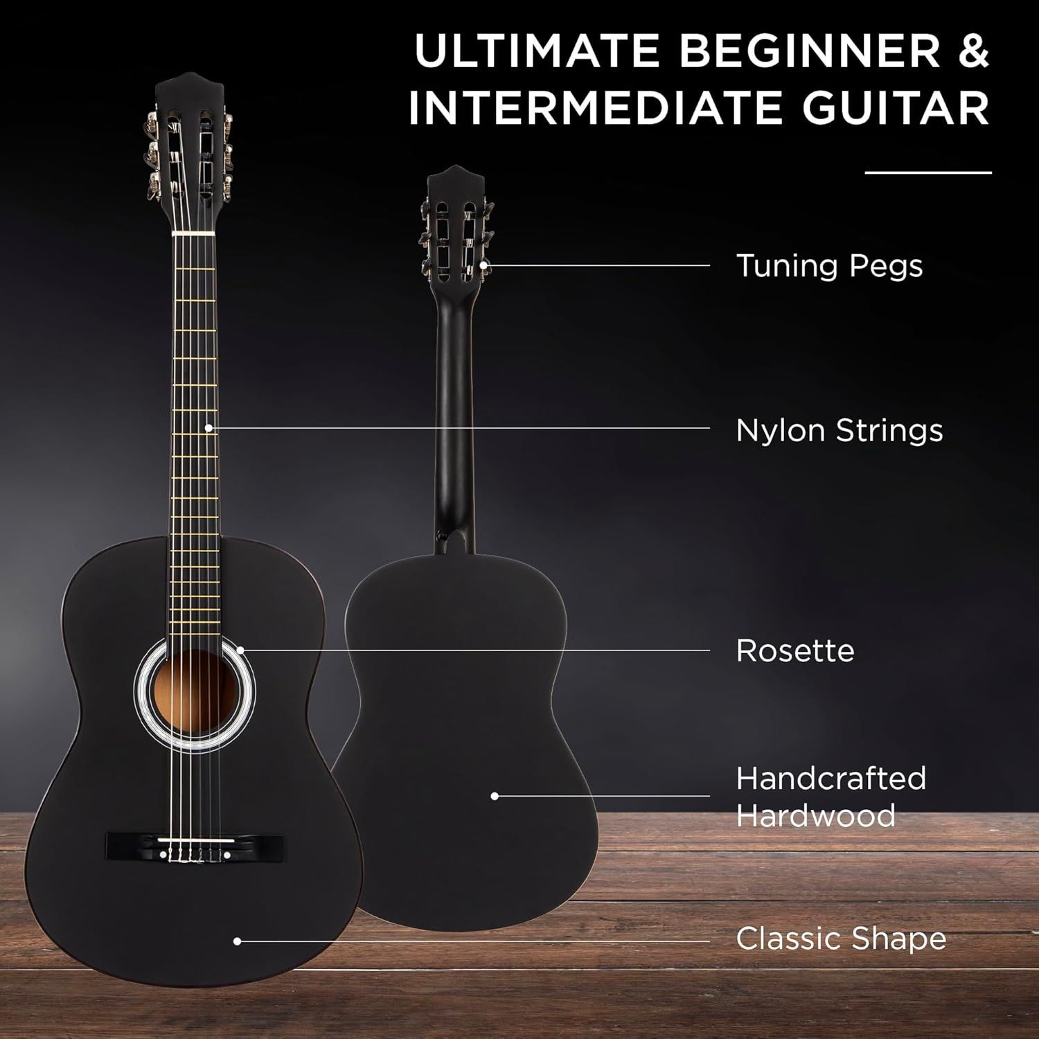 This image breaks down the physical components of the guitar to educate shoppers about its construction and key parts, helping them understand what makes this a quality beginner and intermediate…