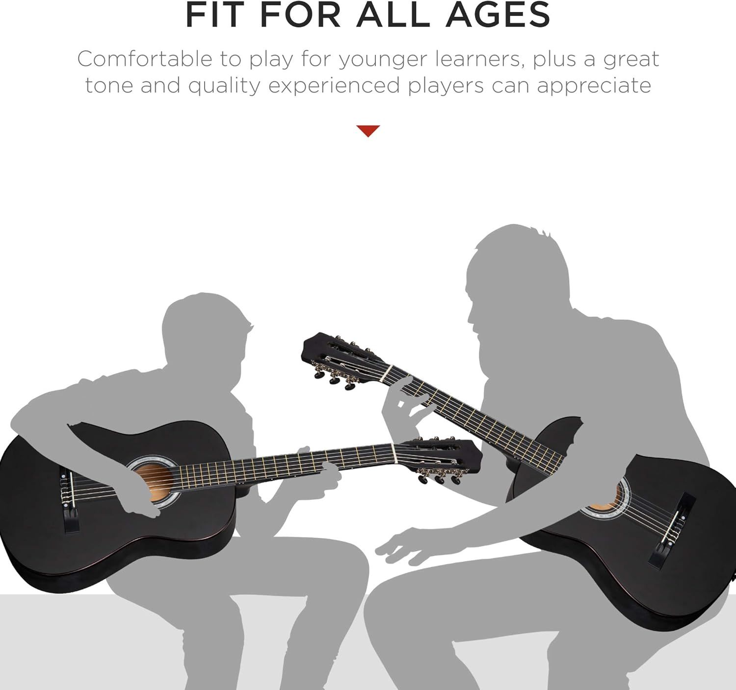 Communicates that the guitar is appropriate for both younger learners and experienced players, emphasizing comfort and quality tone to appeal to a broad audience.