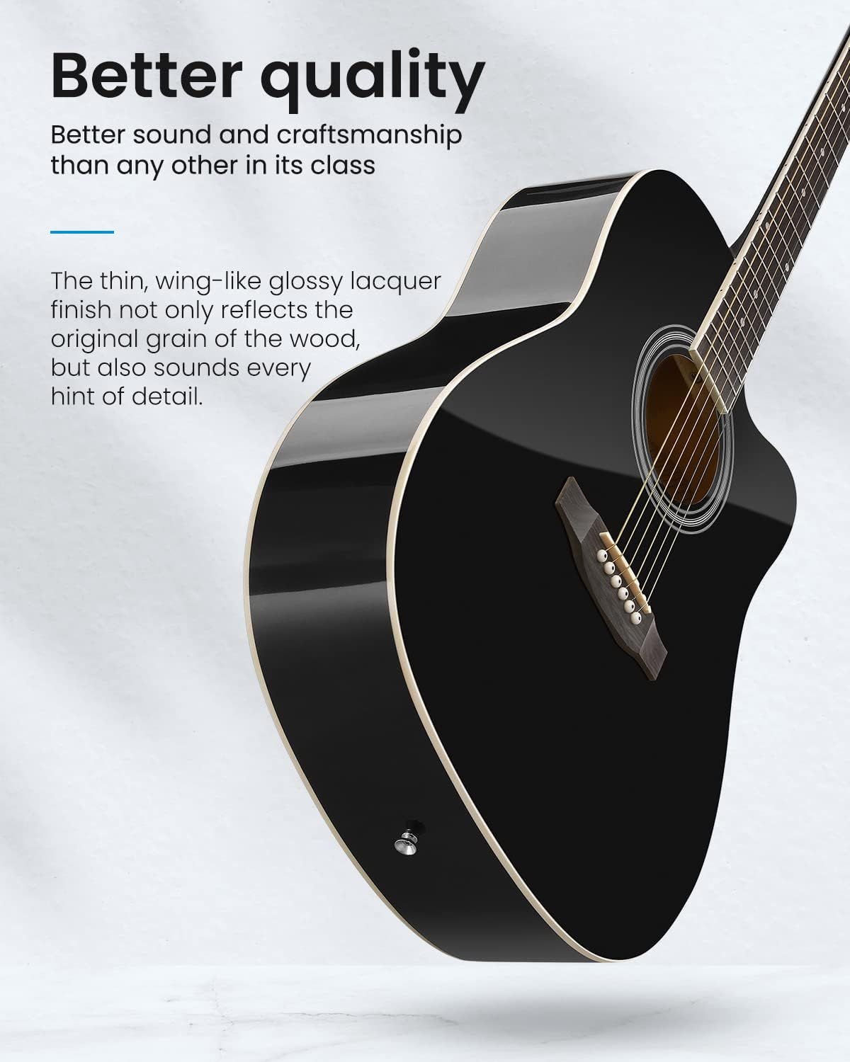 Communicates the guitar's superior quality through craftsmanship and sound, emphasizing the premium lacquer finish that reflects wood grain detail to position it as better than competitors in its…