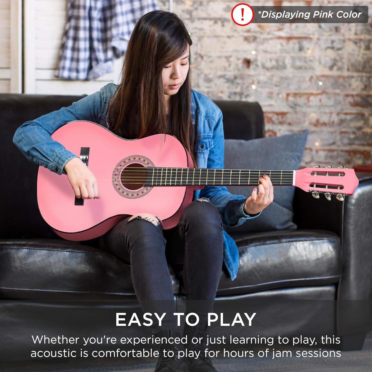 Demonstrates the product in a natural home setting to help shoppers visualize themselves using the guitar comfortably in everyday life.