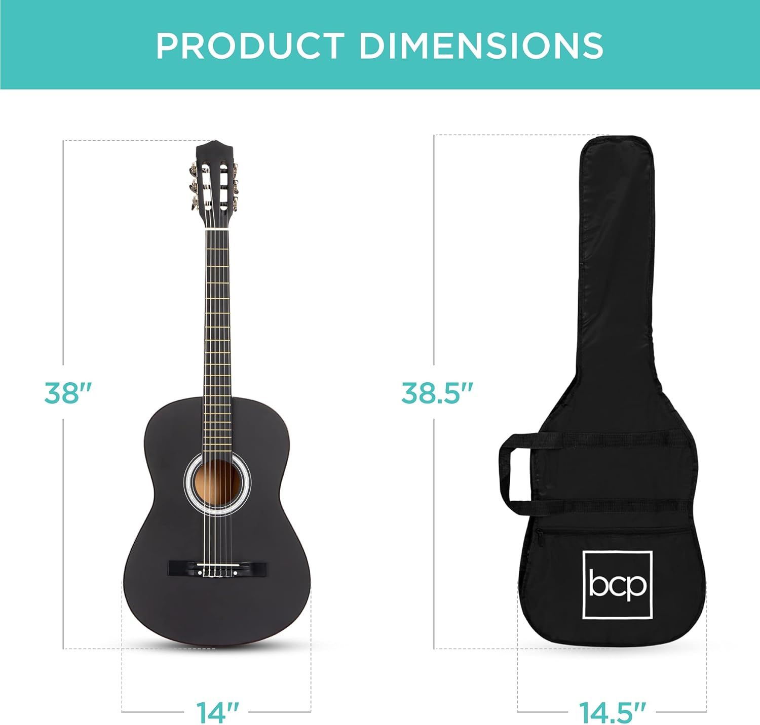 Communicates the exact physical dimensions of the guitar and its case to help shoppers understand the size and ensure it fits their needs.