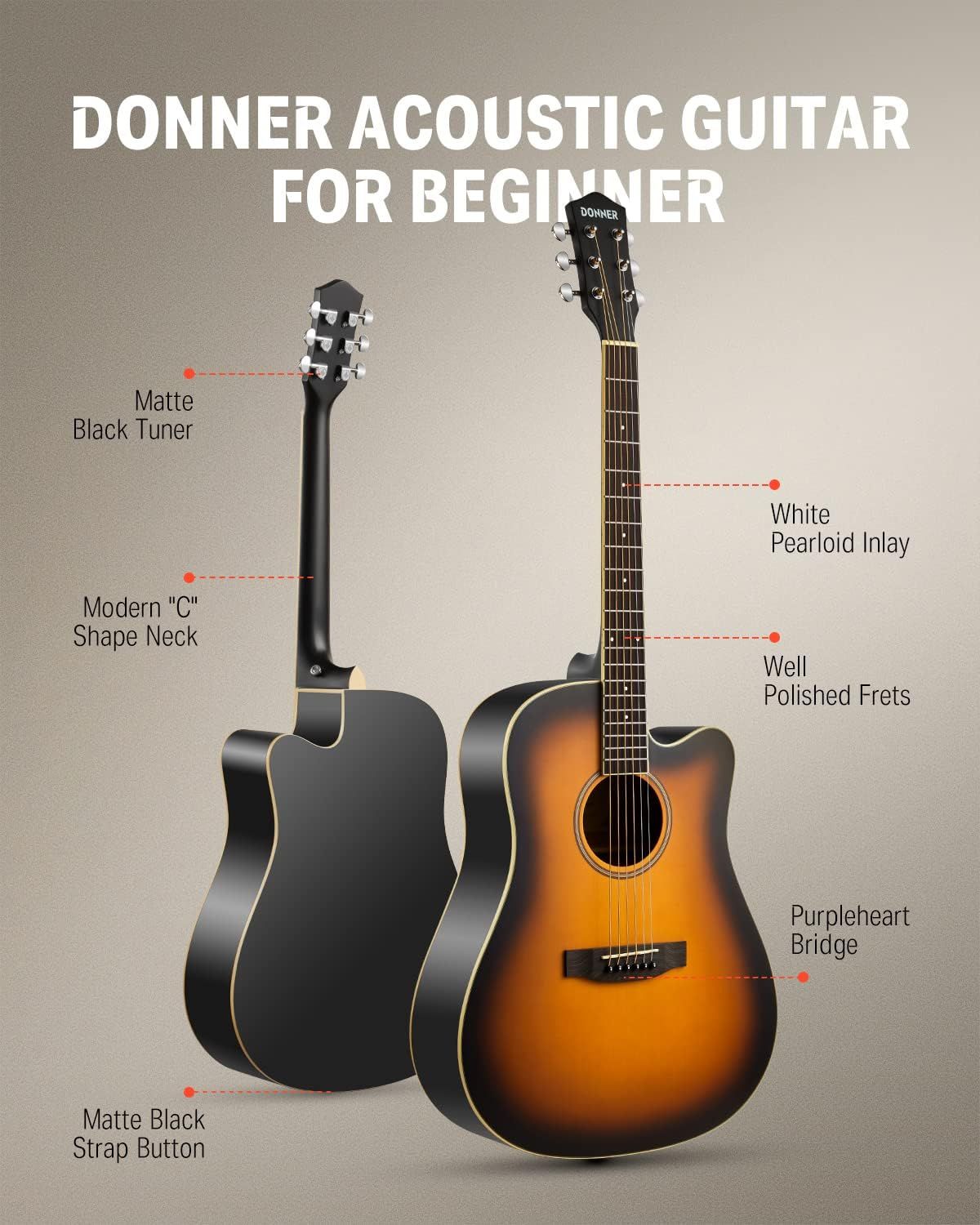 This image breaks down the physical components and construction details of the Donner acoustic guitar to help beginners understand the product's build quality and specific features.