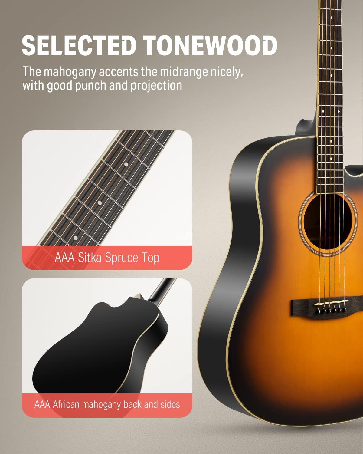 Highlights the premium wood materials used in the guitar's construction, emphasizing the quality of the tonewood components (spruce top and mahogany back/sides) to communicate superior sound quality…