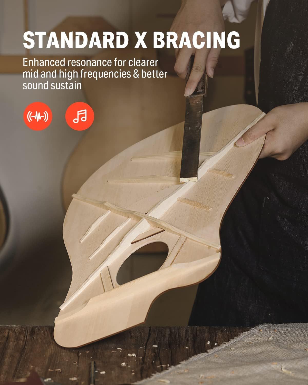 Highlights the guitar's Standard X Bracing construction feature, which delivers enhanced resonance, clearer mid and high frequencies, and better sound sustain to reassure shoppers of superior sound…