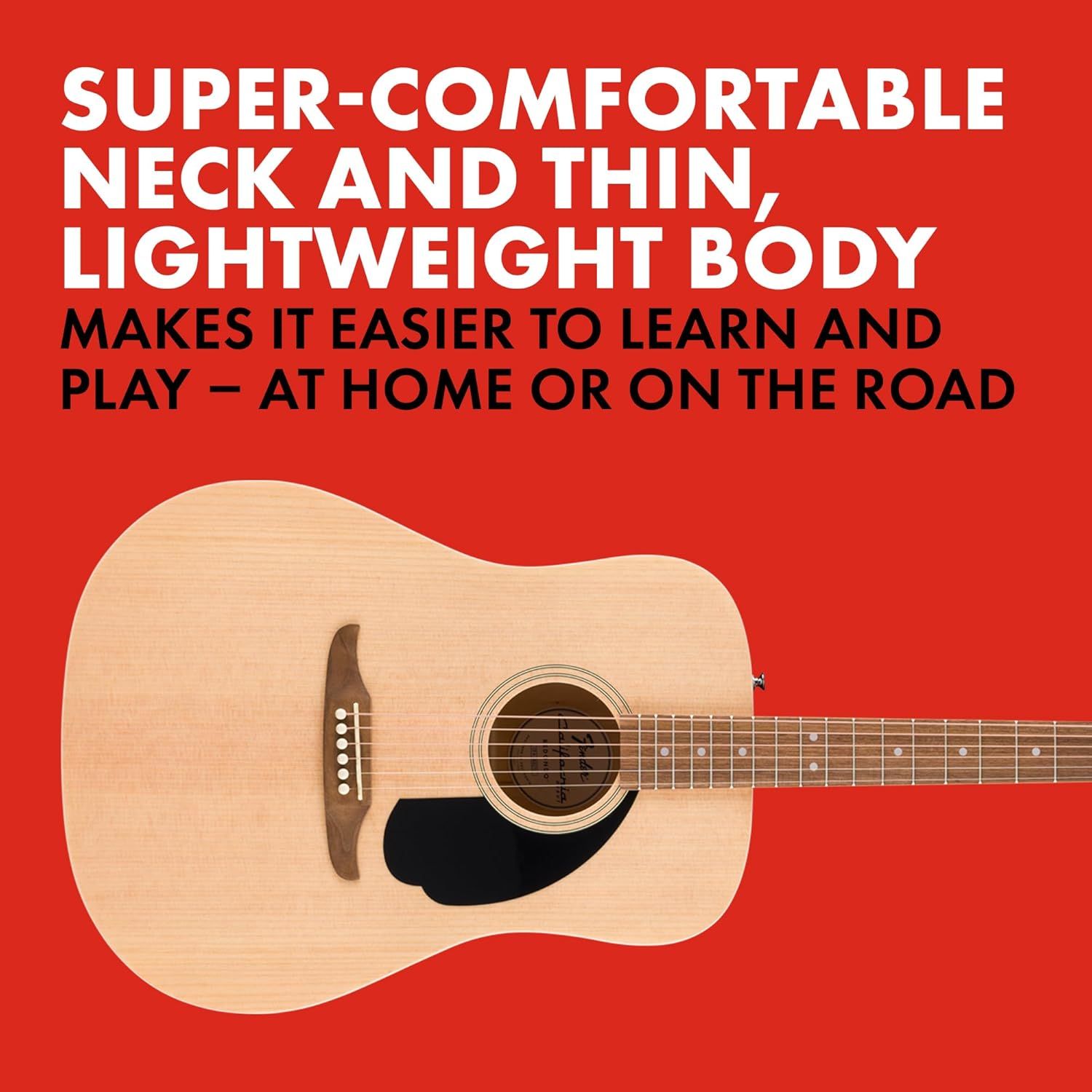 Highlights the guitar's comfortable neck and lightweight design to communicate ease of learning and portability for beginners or traveling musicians.