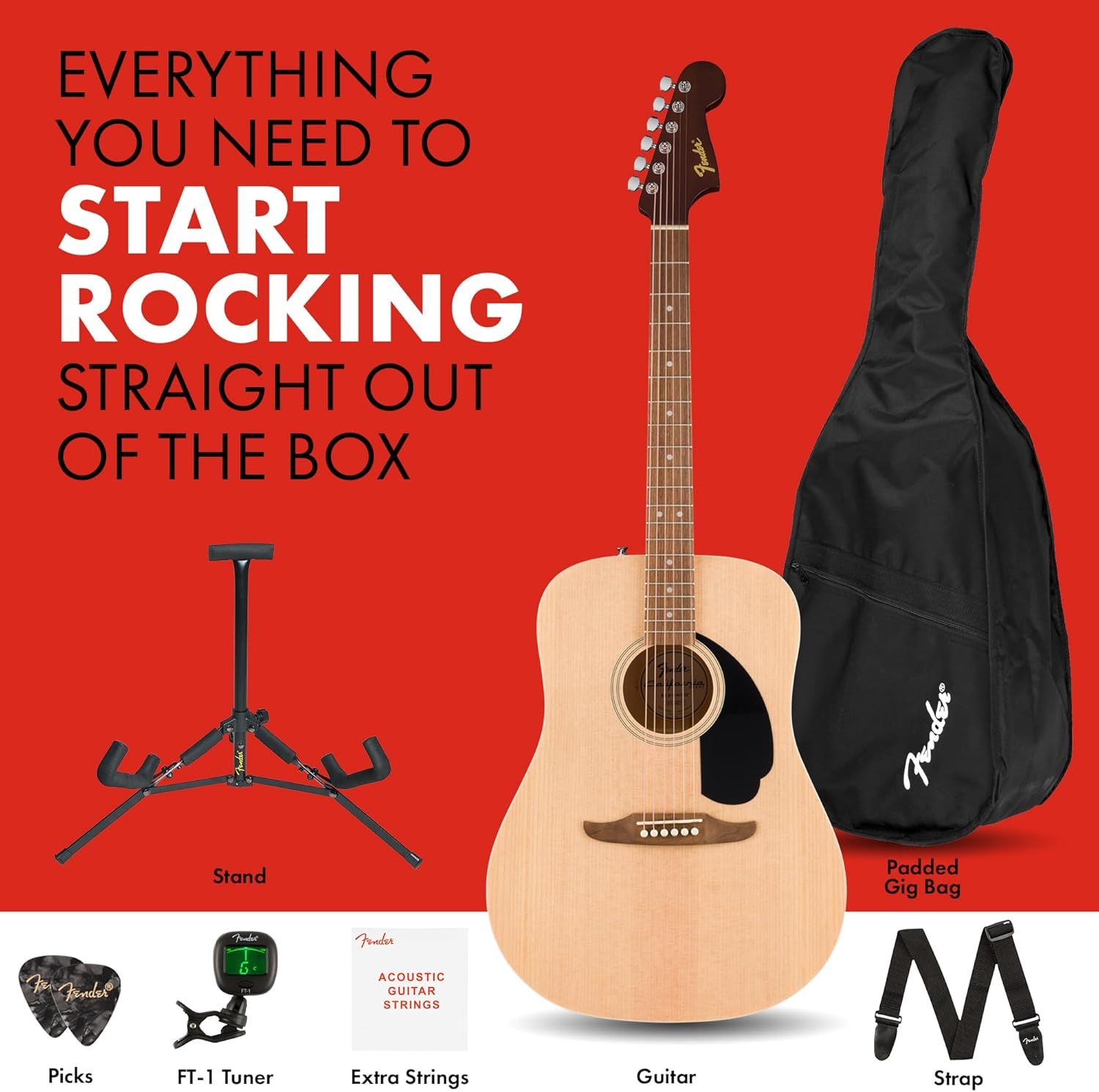 Shows everything included in the guitar starter package to reassure shoppers they have all necessary accessories to begin playing immediately.