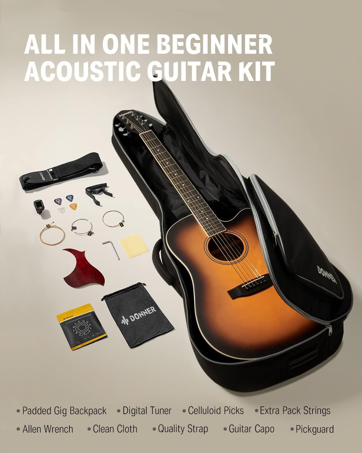 Shows everything included in the beginner acoustic guitar kit to demonstrate value and completeness, reassuring shoppers they have all necessary accessories to start playing immediately.