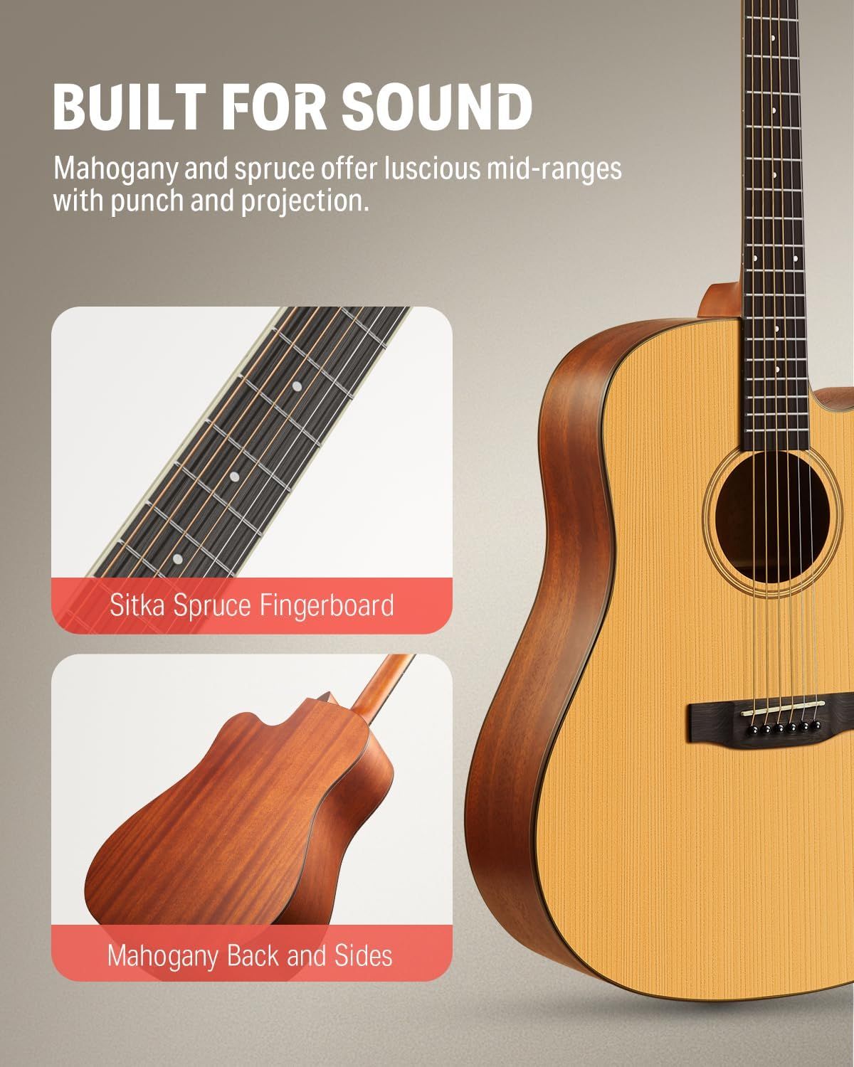 Highlights the premium materials used in the guitar's construction—spruce fingerboard and mahogany body—to communicate superior sound quality and craftsmanship to musicians.