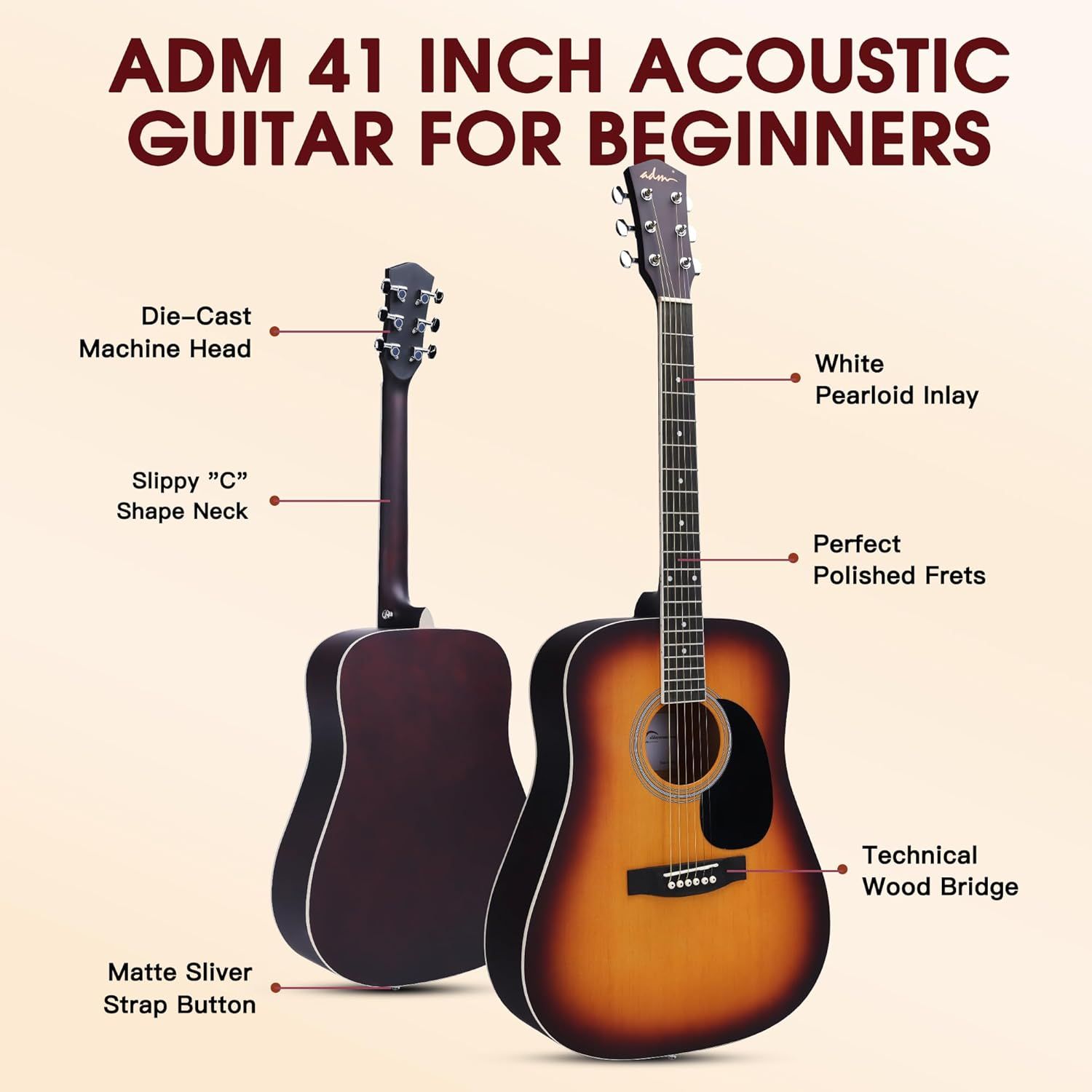 This image breaks down the physical components and construction features of the acoustic guitar to help beginners understand the quality and specifications of each part.