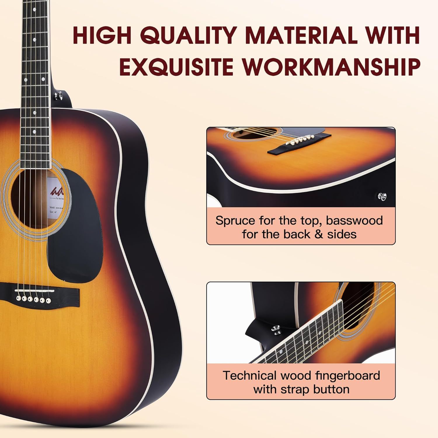 Highlights the guitar's construction materials and craftsmanship, showing the spruce top, basswood back and sides, and technical wood fingerboard to communicate quality and build excellence.…