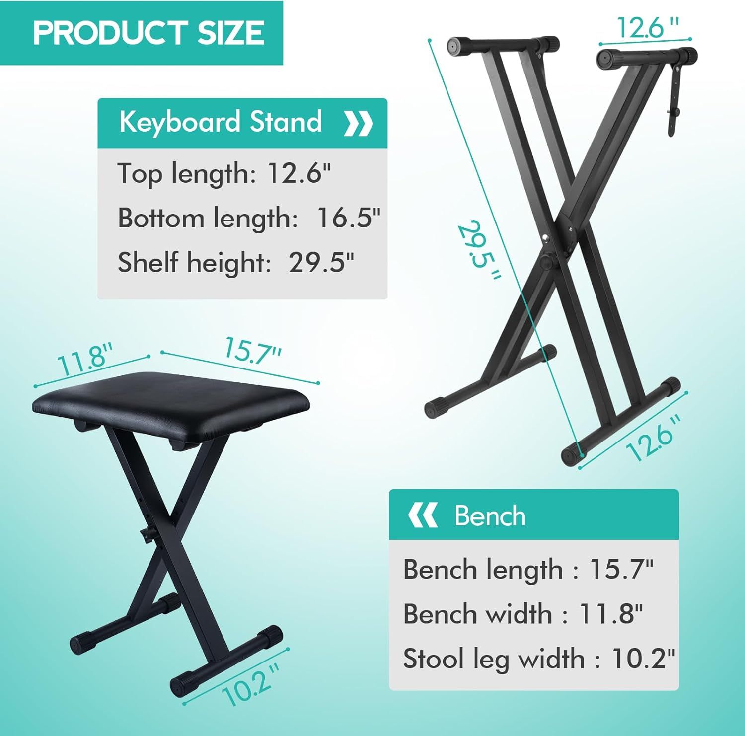 Provides exact measurements of the keyboard stand and bench to help shoppers understand the physical size and ensure it fits their space and needs.