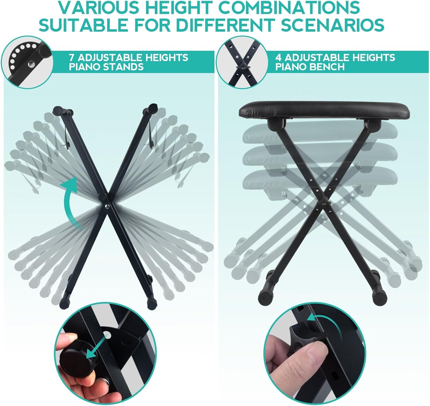 Demonstrates the adjustable height capabilities of both the piano stand (7 positions) and piano bench (4 positions), showing versatility for different scenarios and user needs.