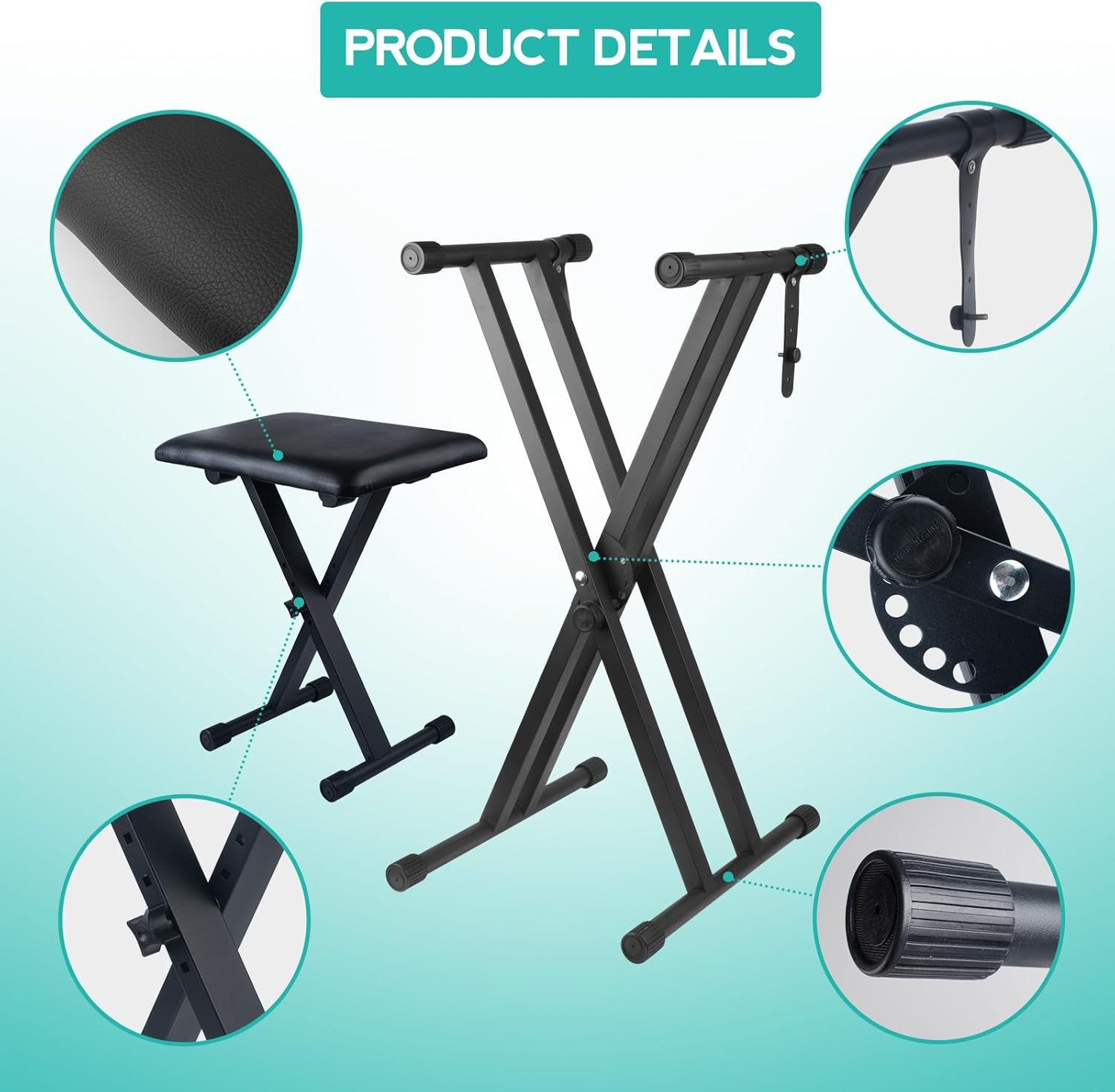 This image breaks down the physical components and construction details of the keyboard stand and bench set, helping shoppers understand the build quality and structural features of the product.