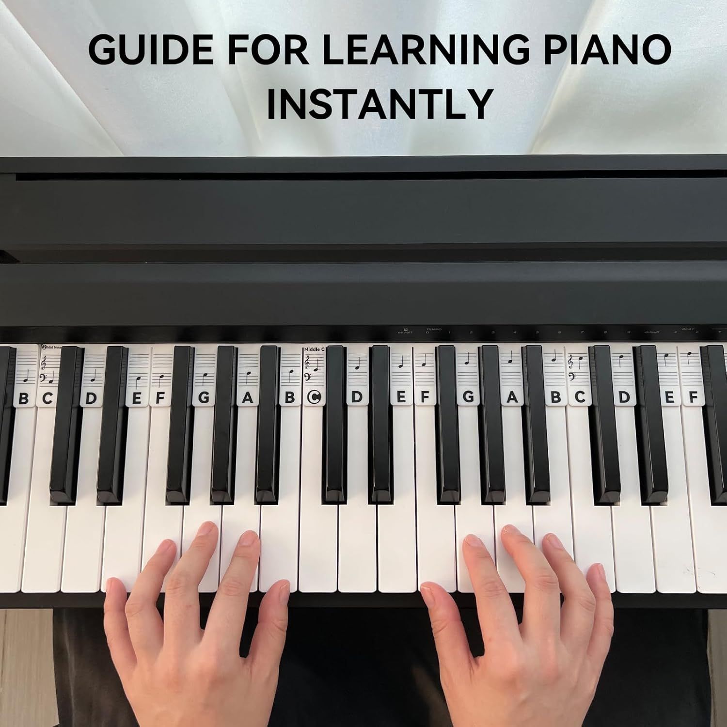 This image teaches shoppers how to use the product by showing labeled piano keys with musical notes, helping beginners instantly learn key positions and note names for quick piano learning.
