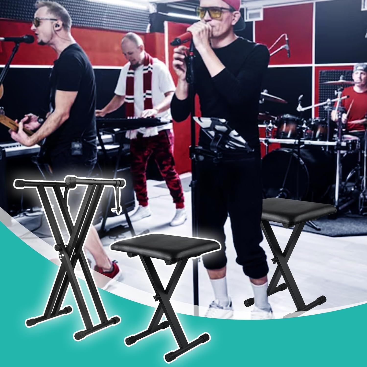 Demonstrates the product's versatility for multiple use cases, showing it can be used in professional band settings and music studio environments.