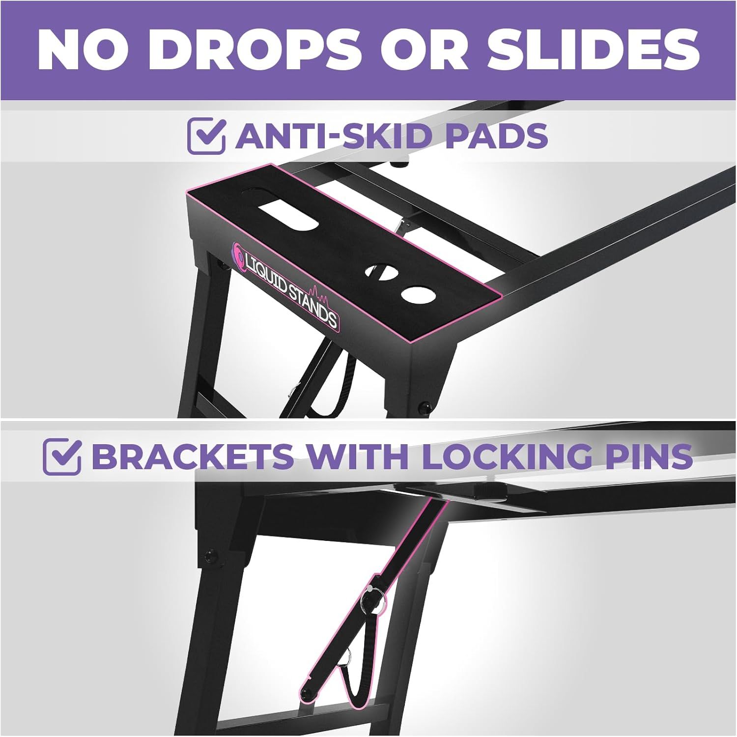 Highlights two distinct safety and stability features of the keyboard stand to reassure shoppers that the product is secure and won't slip or collapse during use.
