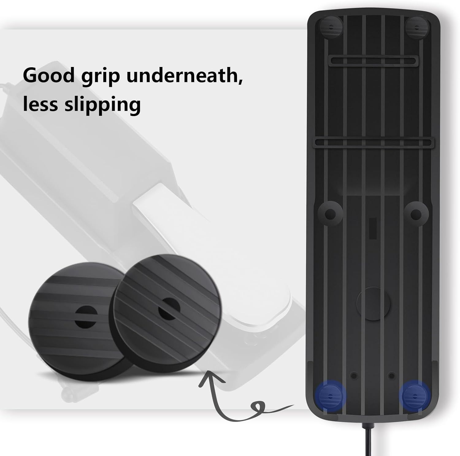 Highlights the non-slip grip pads on the underside of the product to reassure shoppers that it will stay securely in place during use. Communicates the key benefit of reduced slipping through the…