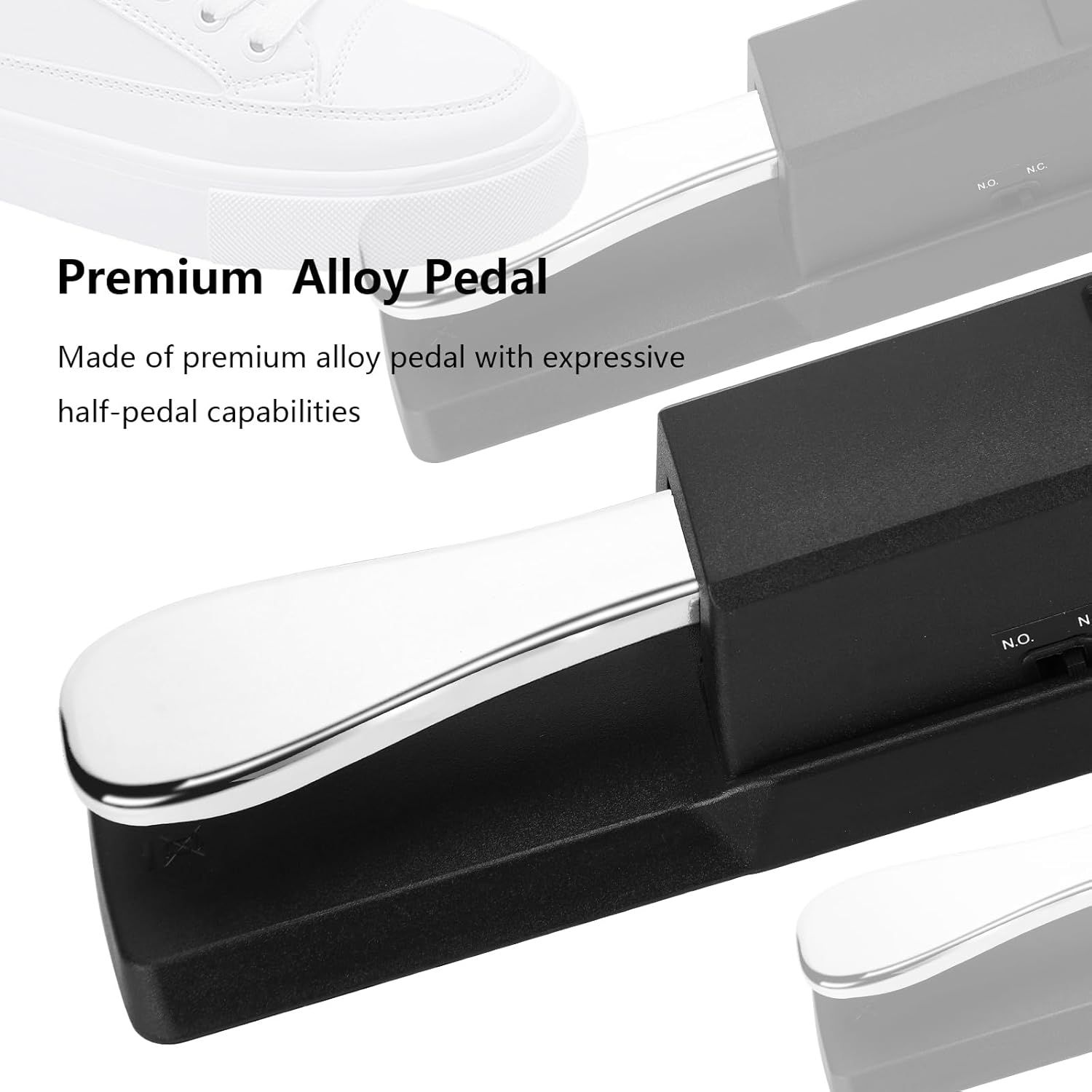 Highlights the premium alloy pedal construction and half-pedal capabilities to communicate quality and expressive control for the product.