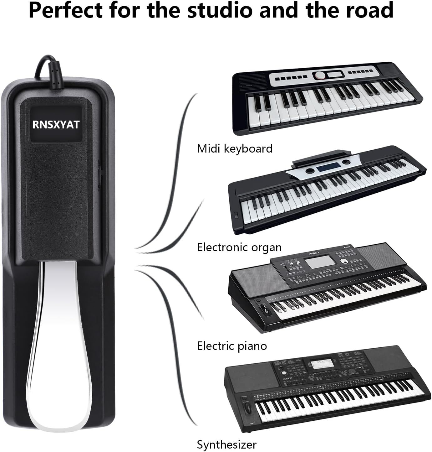 Demonstrates that the sustain pedal is compatible with multiple types of electronic keyboards including MIDI keyboards, electronic organs, electric pianos, and synthesizers, reassuring shoppers of…