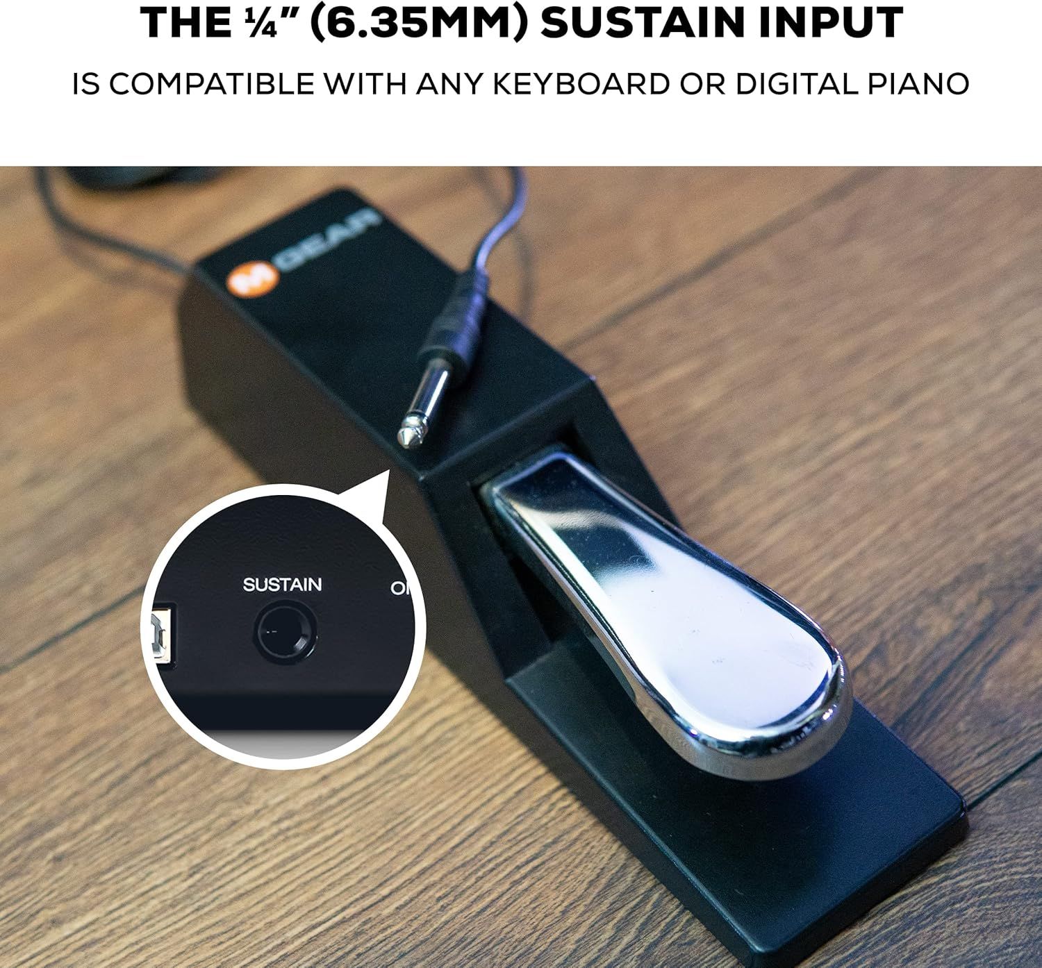 Communicates that the sustain pedal input is universally compatible with any keyboard or digital piano, reassuring shoppers about versatility and ease of use. Highlights the specific physical…