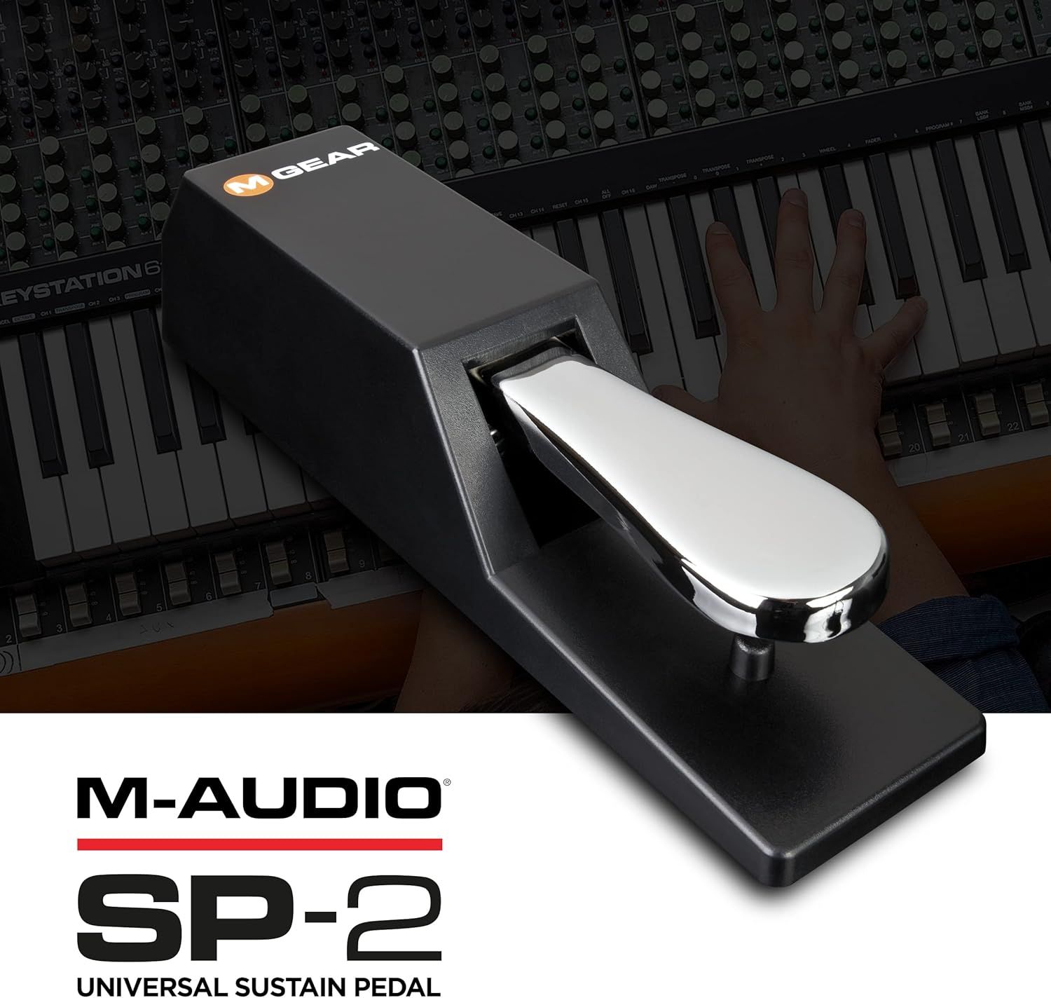 Shows the sustain pedal in a real-world music production environment to help shoppers visualize the product in use with their keyboard setup.